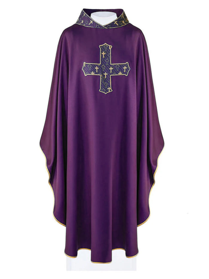 Purple chasuble with gold collar and cross embroidery