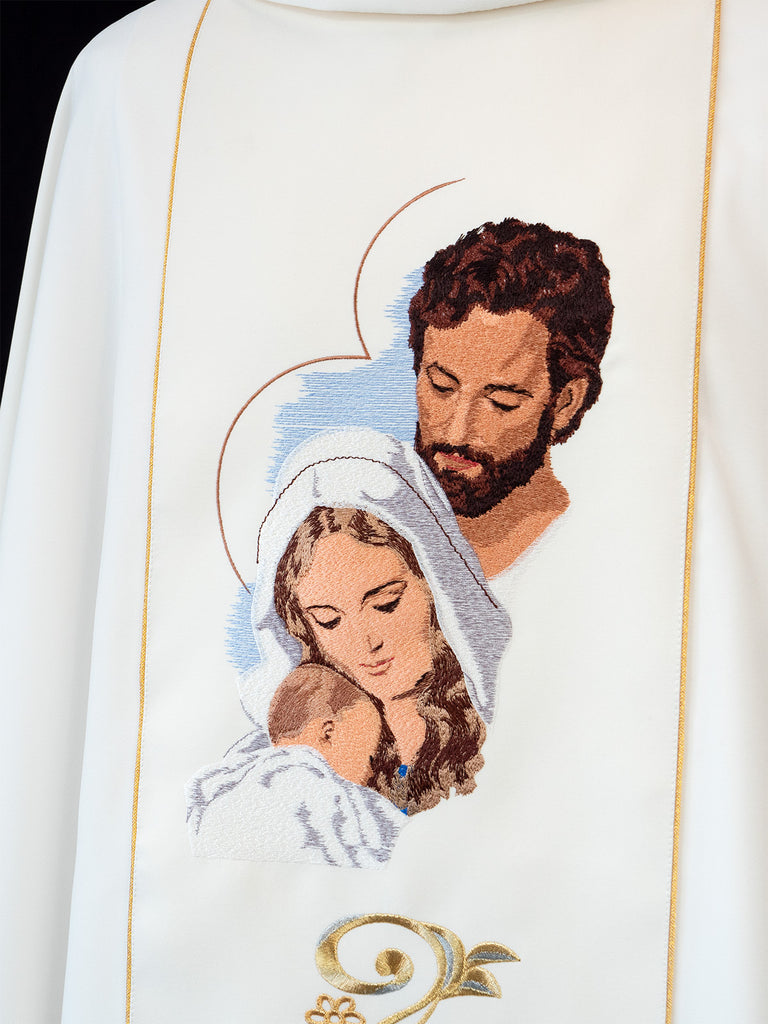 Chasuble richly embroidered with an image of the Holy Family in ecru