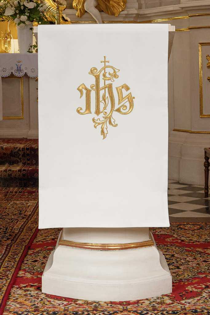 Lectern cover embroidered with IHS symbol in ecru