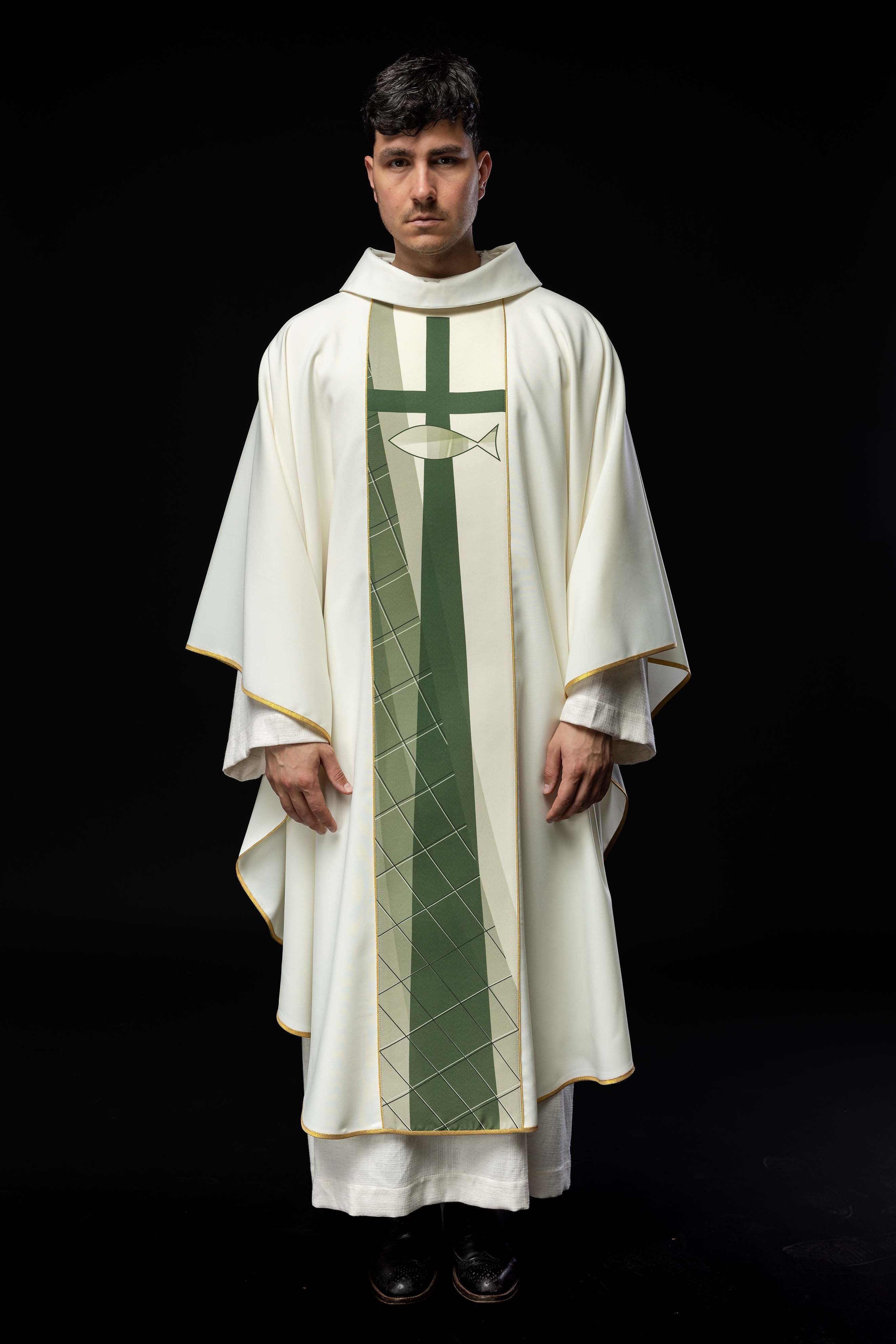 White chasuble embroidered with cross and fish patter