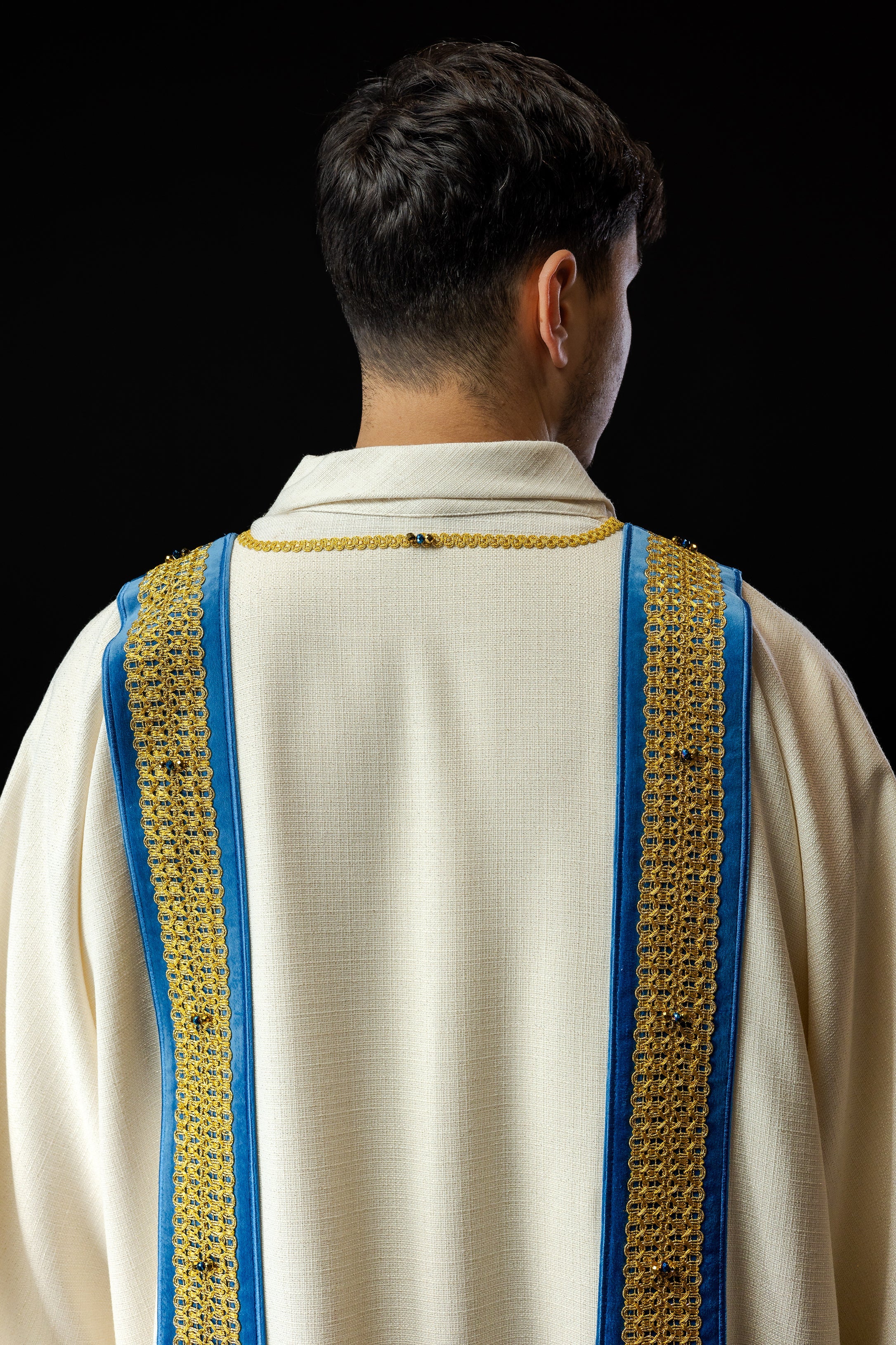 Dalmatic chasuble with blue orphrey and natural stones Handmade 1001