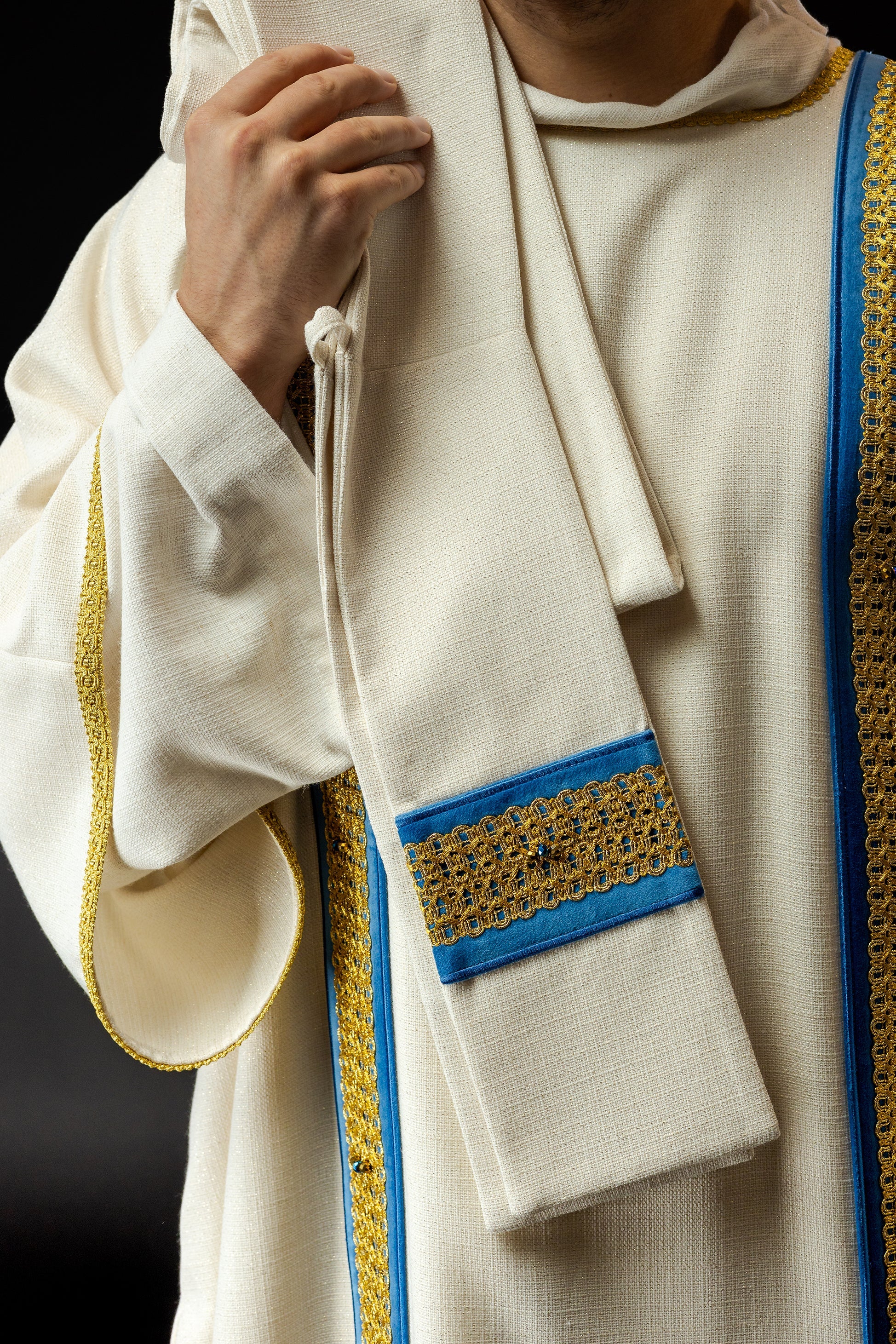 Dalmatic chasuble with blue orphrey and natural stones Handmade 1001 - HAFTINAUSA.COM