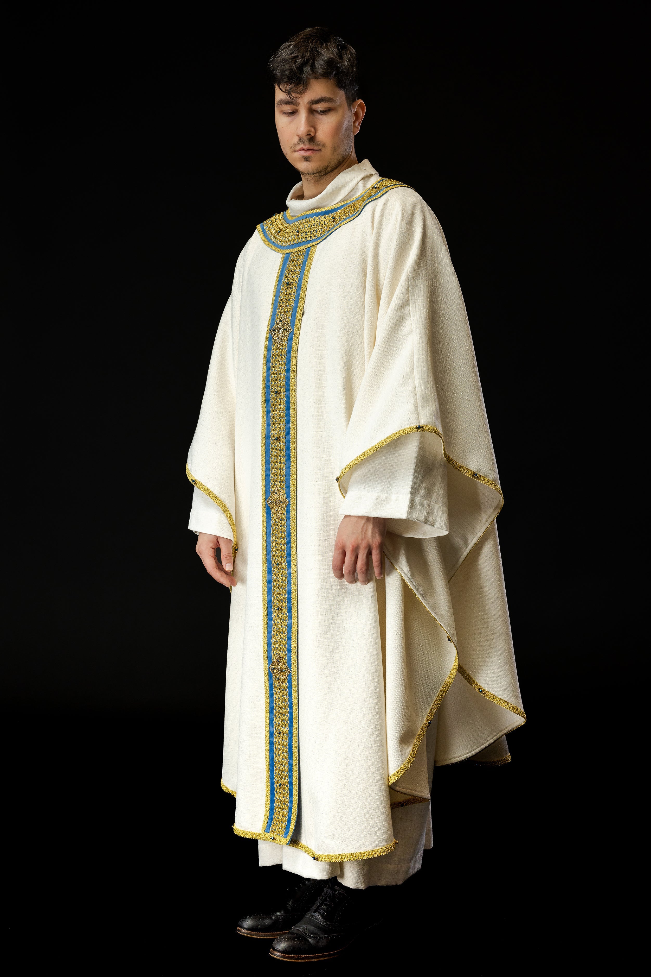 Ivory chasuble with light blue details Handmade 7001