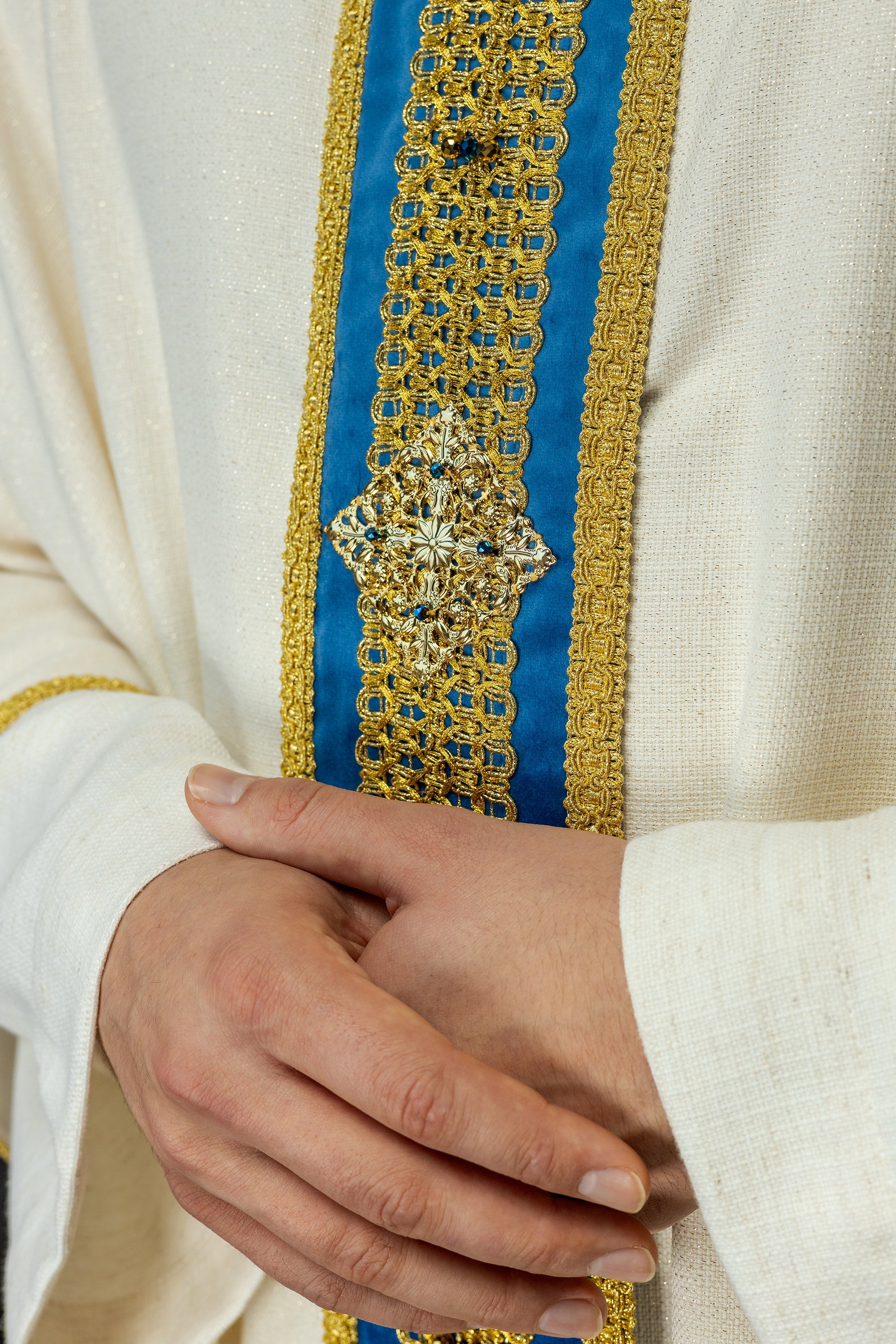 Ivory chasuble with light blue details Handmade 7001