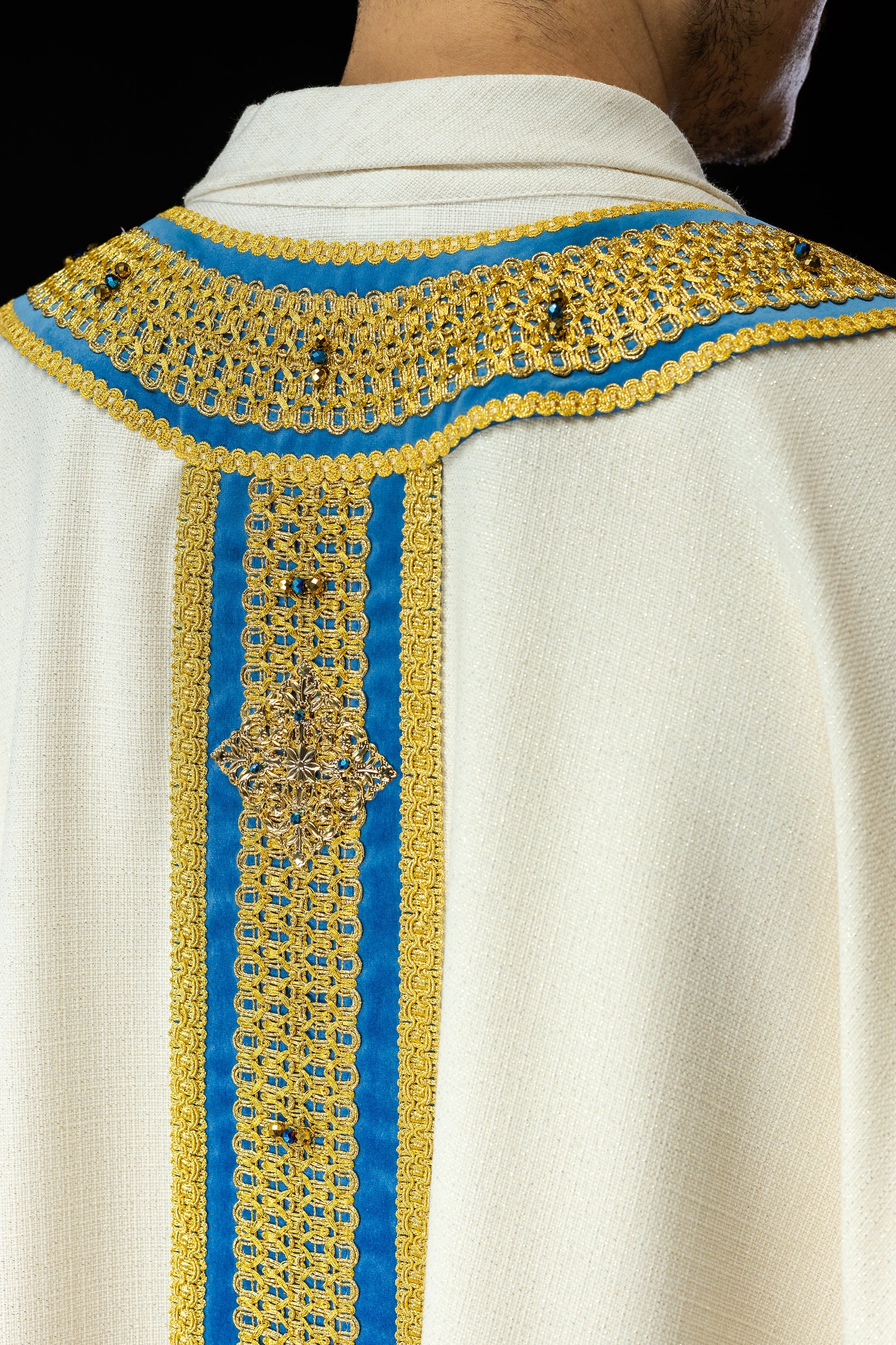 Ivory chasuble with light blue details Handmade 7001