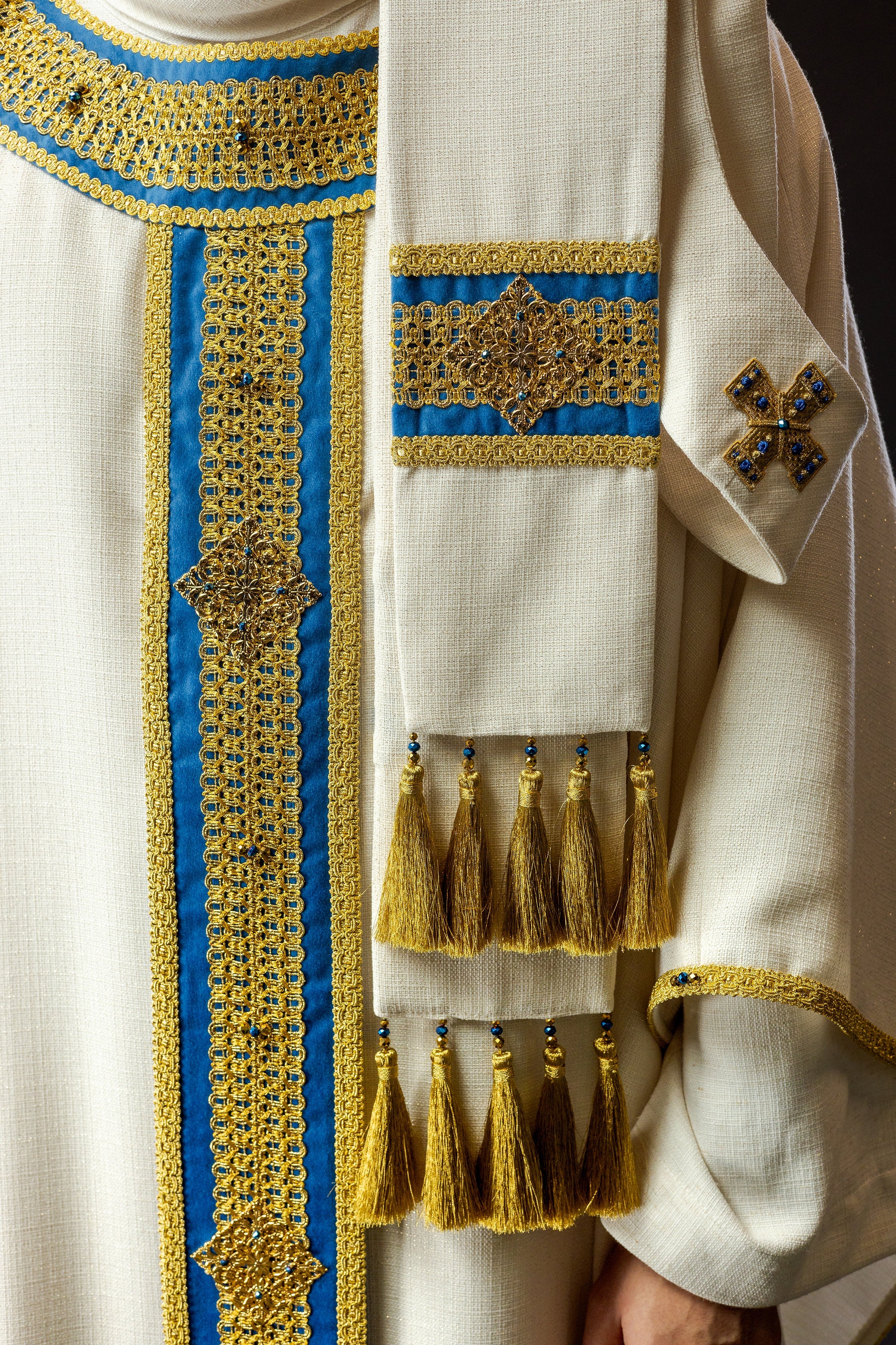 Ivory chasuble with light blue details Handmade 7001