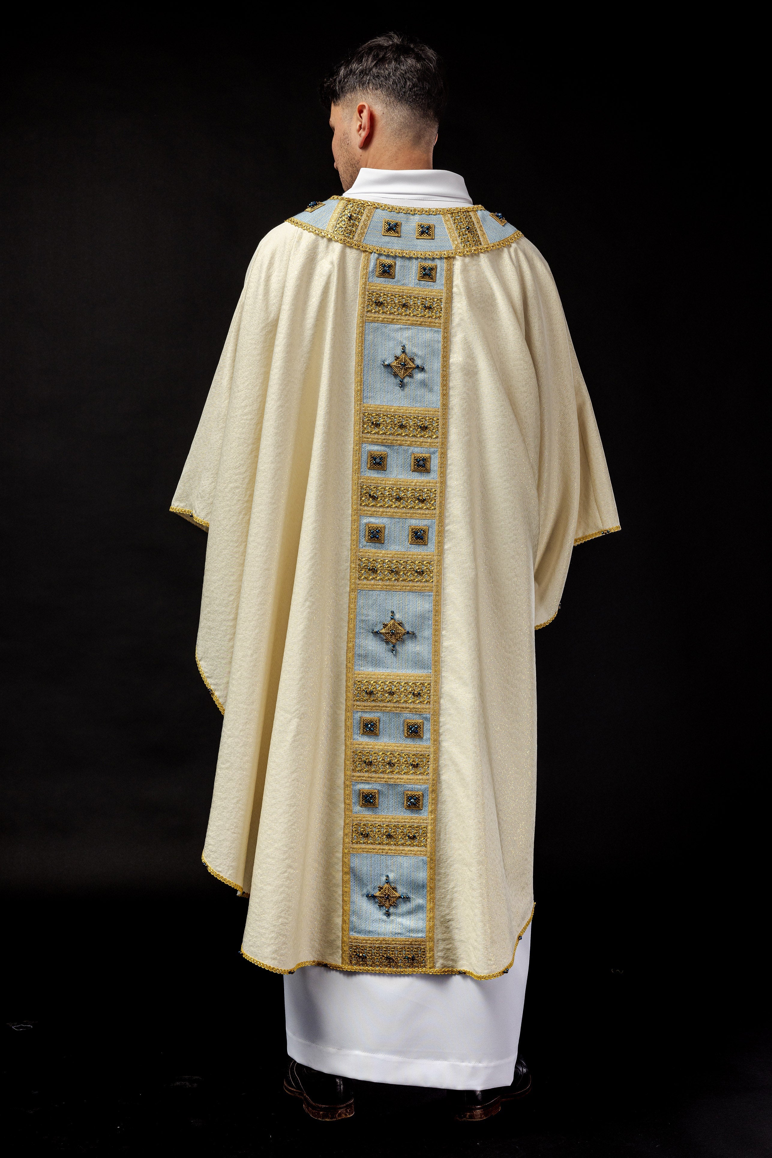 Light blue chasuble with natural stones Handmade 7004