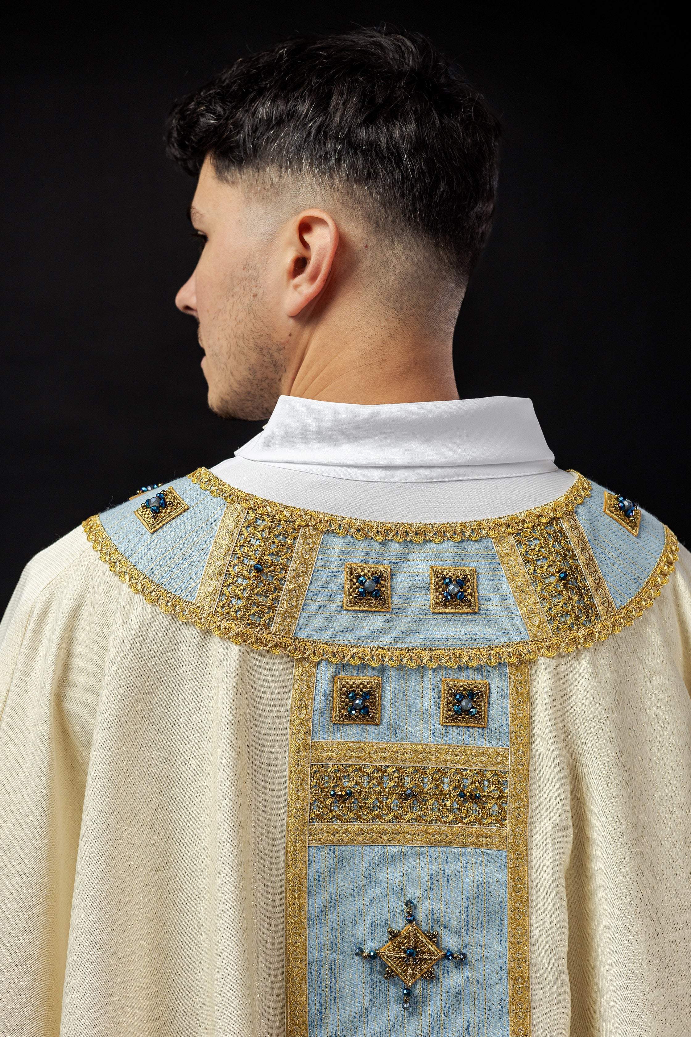 Light blue chasuble with natural stones Handmade 7004