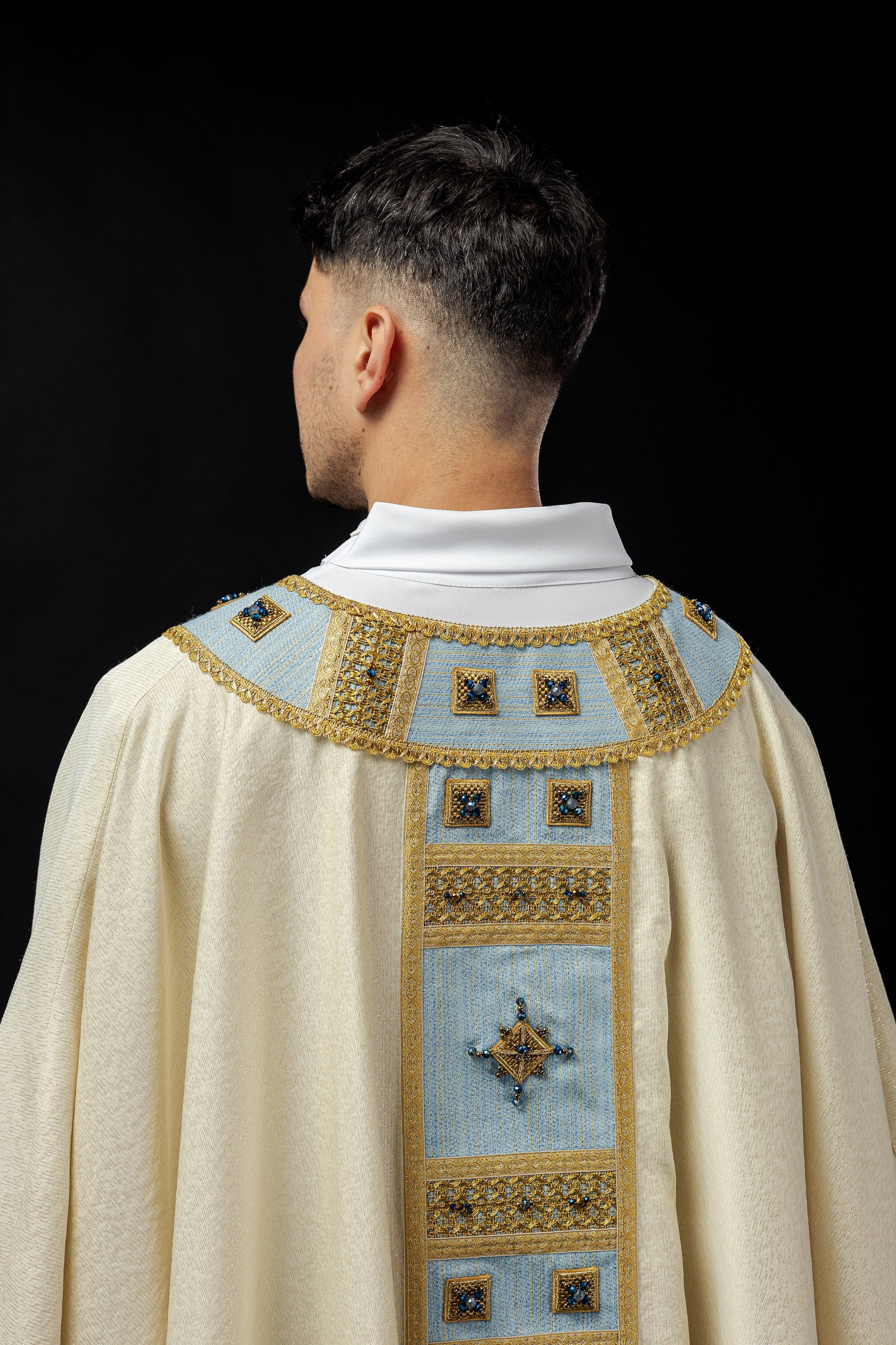 Light blue chasuble with natural stones Handmade 7004