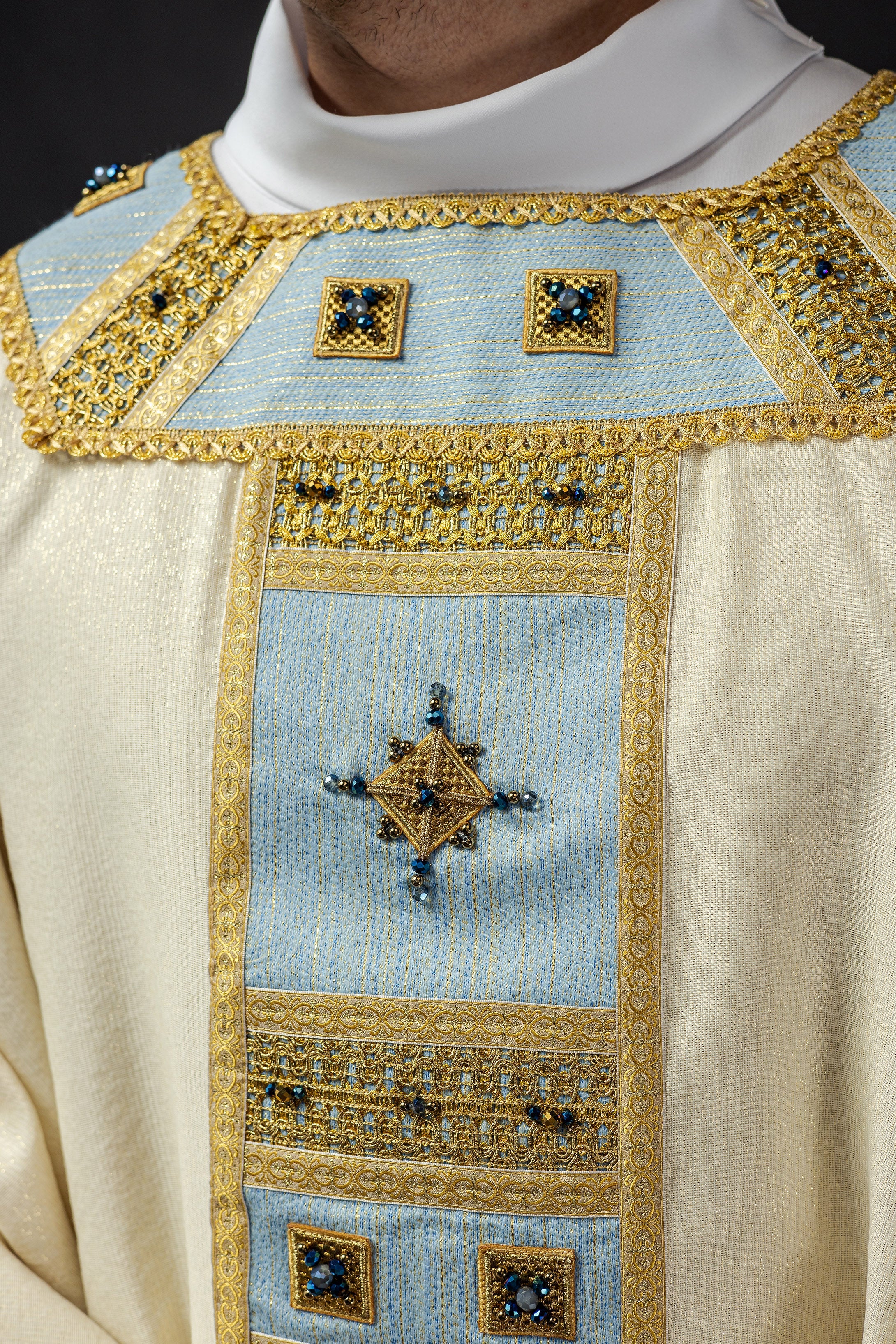 Light blue chasuble with natural stones Handmade 7004