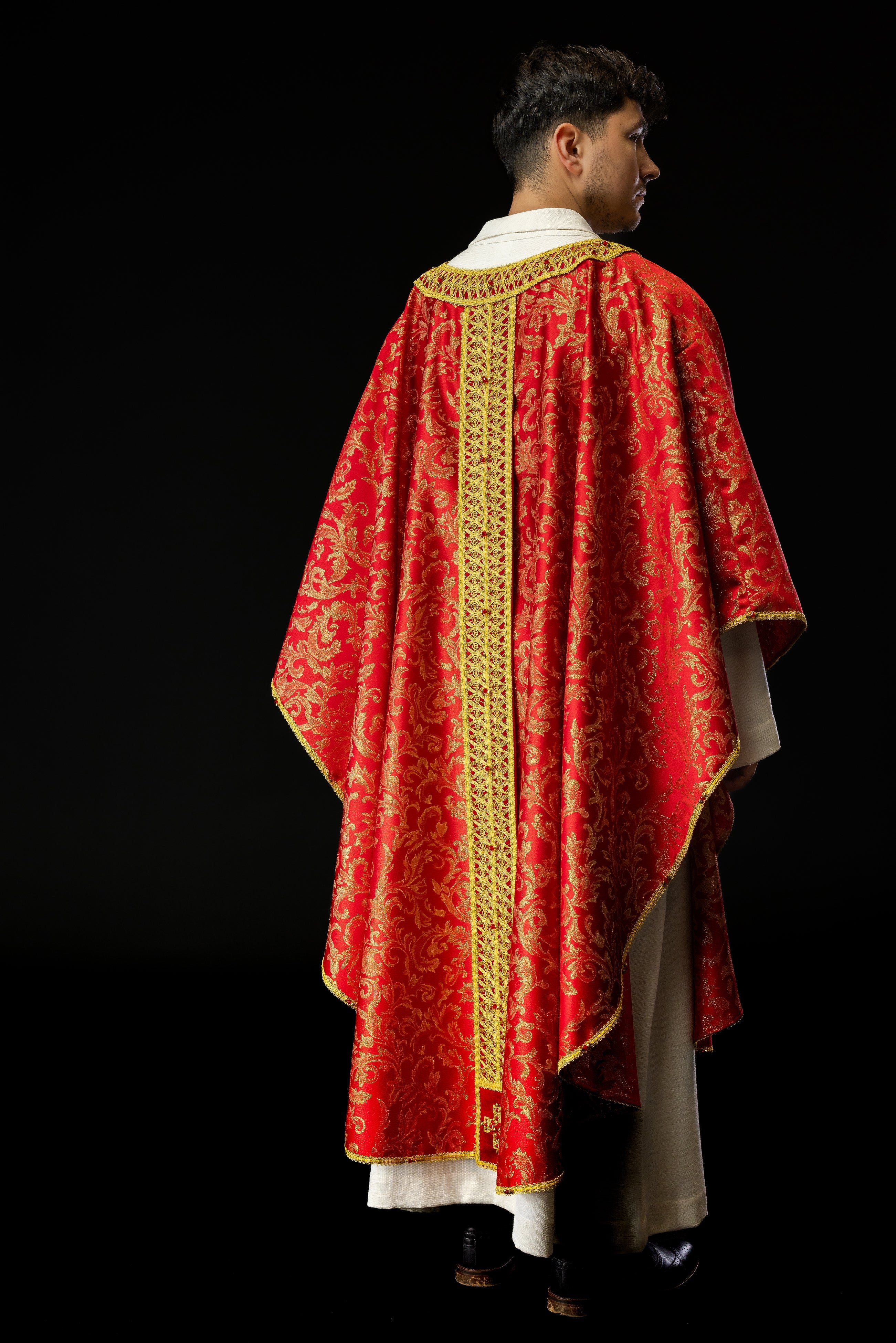 Red chasuble made of jacquard Italian fabric Handmade 7009