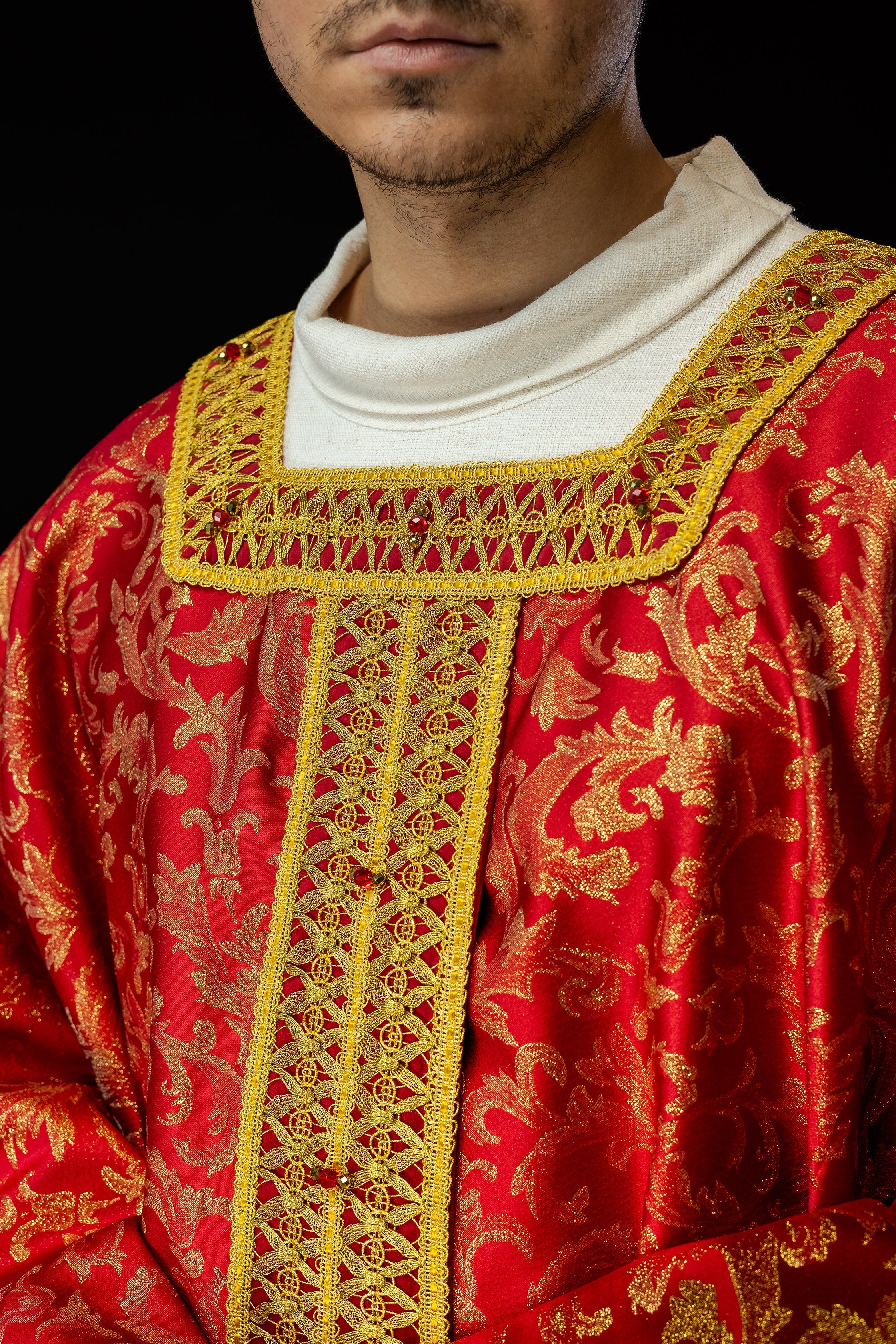 Red chasuble made of jacquard Italian fabric Handmade 7009