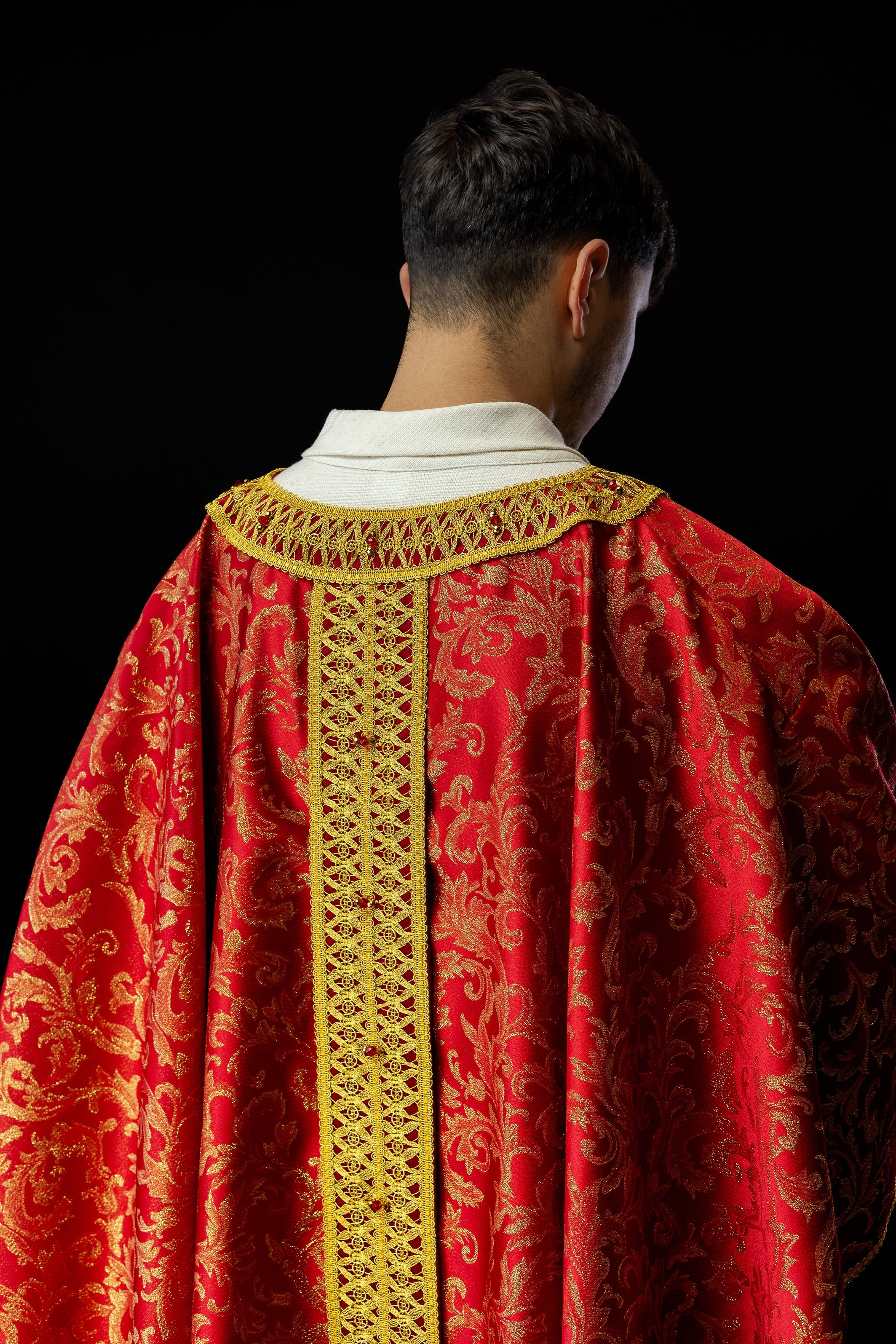 Red chasuble made of jacquard Italian fabric Handmade 7009