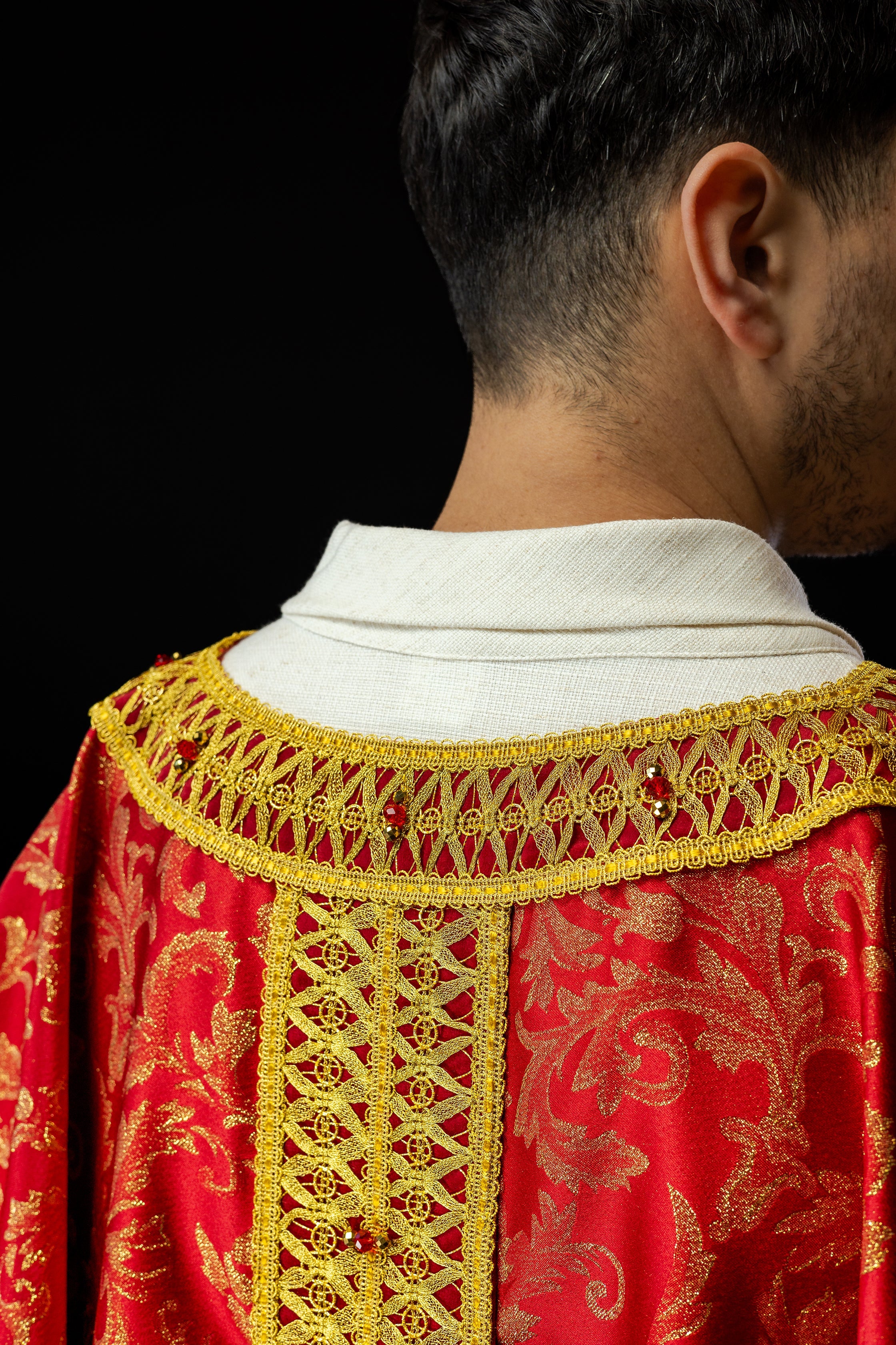 Red chasuble made of jacquard Italian fabric Handmade 7009