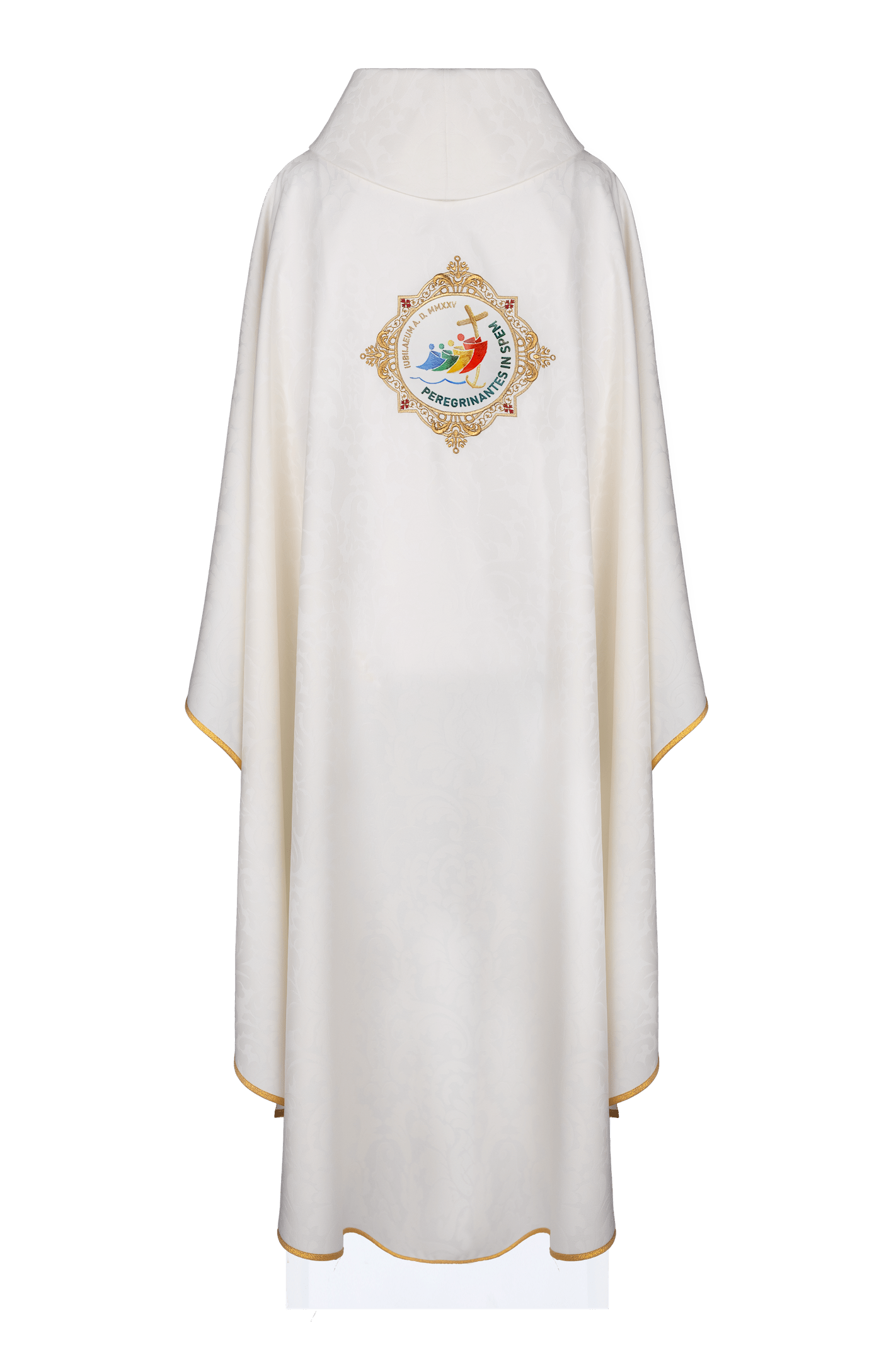 Chasuble with embroidery around the jubilee coat of arms in ecru color