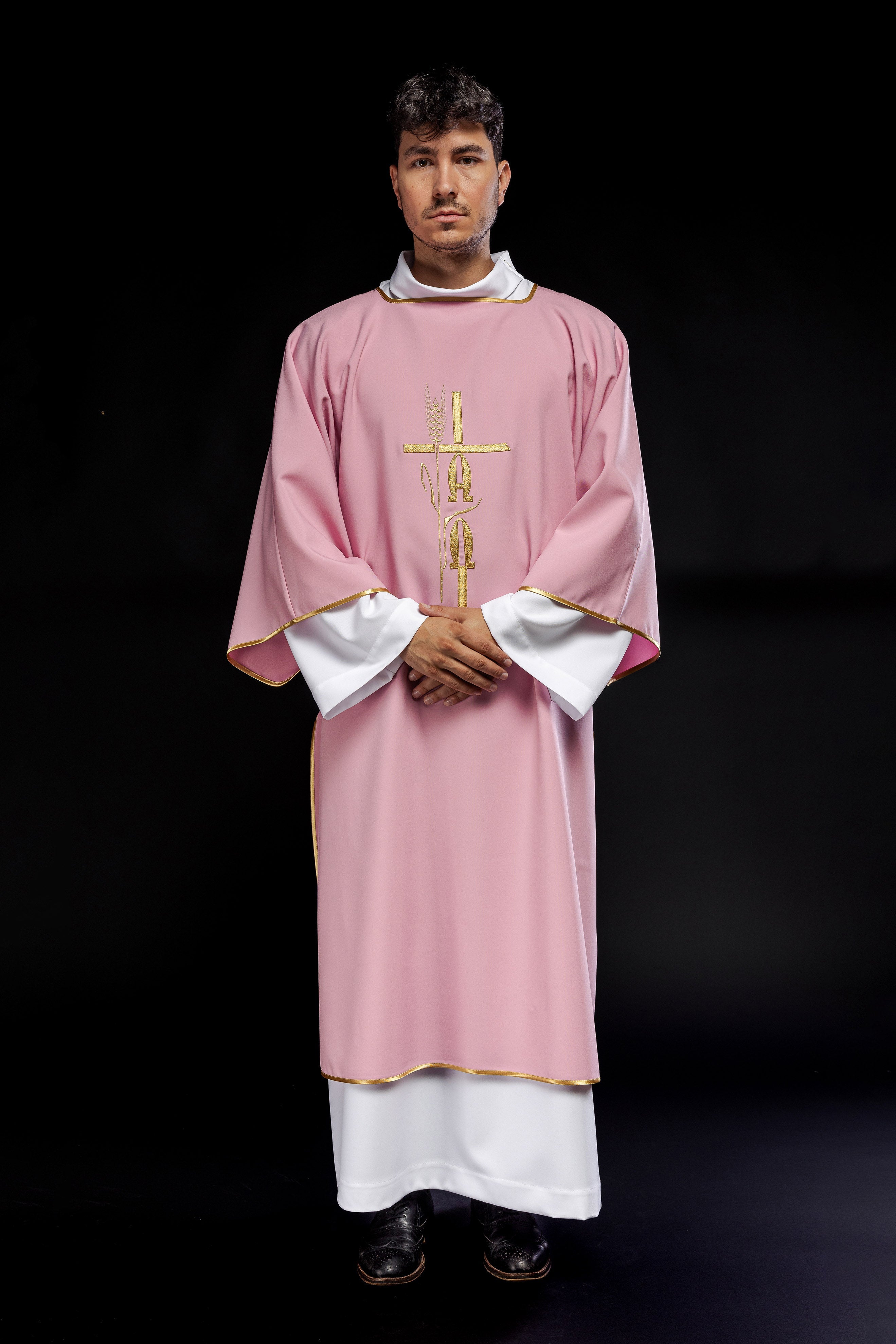 Pink deacon dalmatic with Alpha Omega embroidery