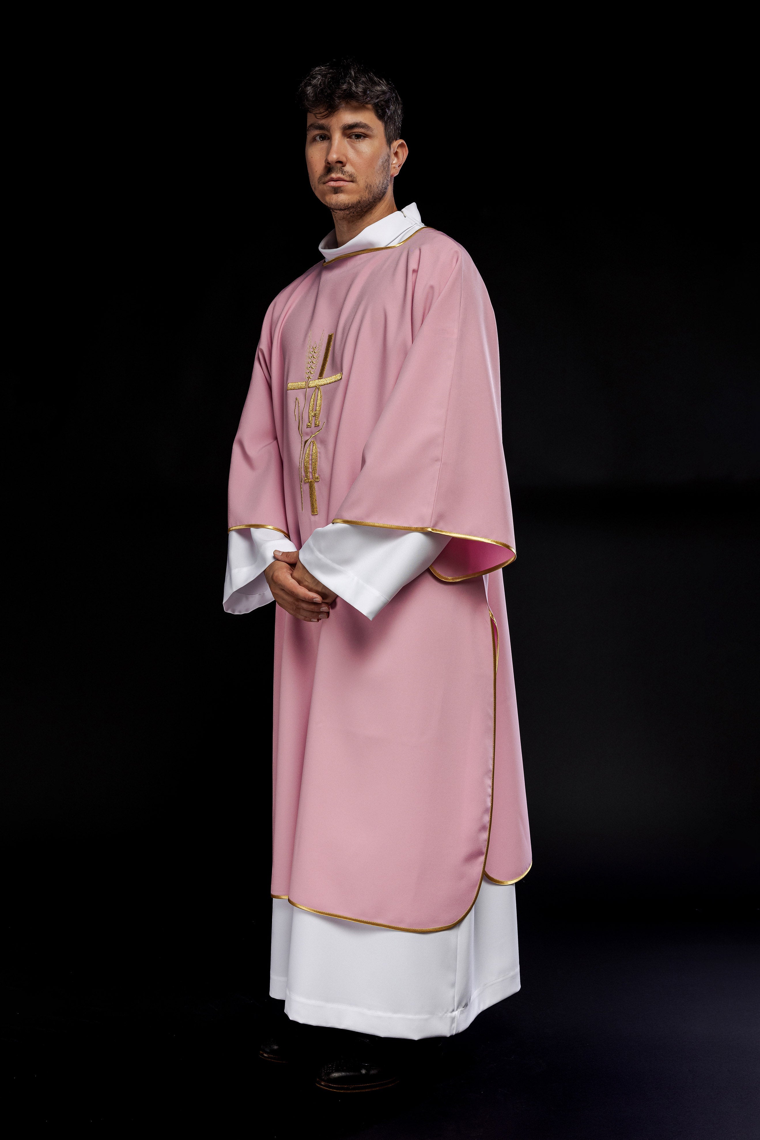 Pink deacon dalmatic with Alpha Omega embroidery