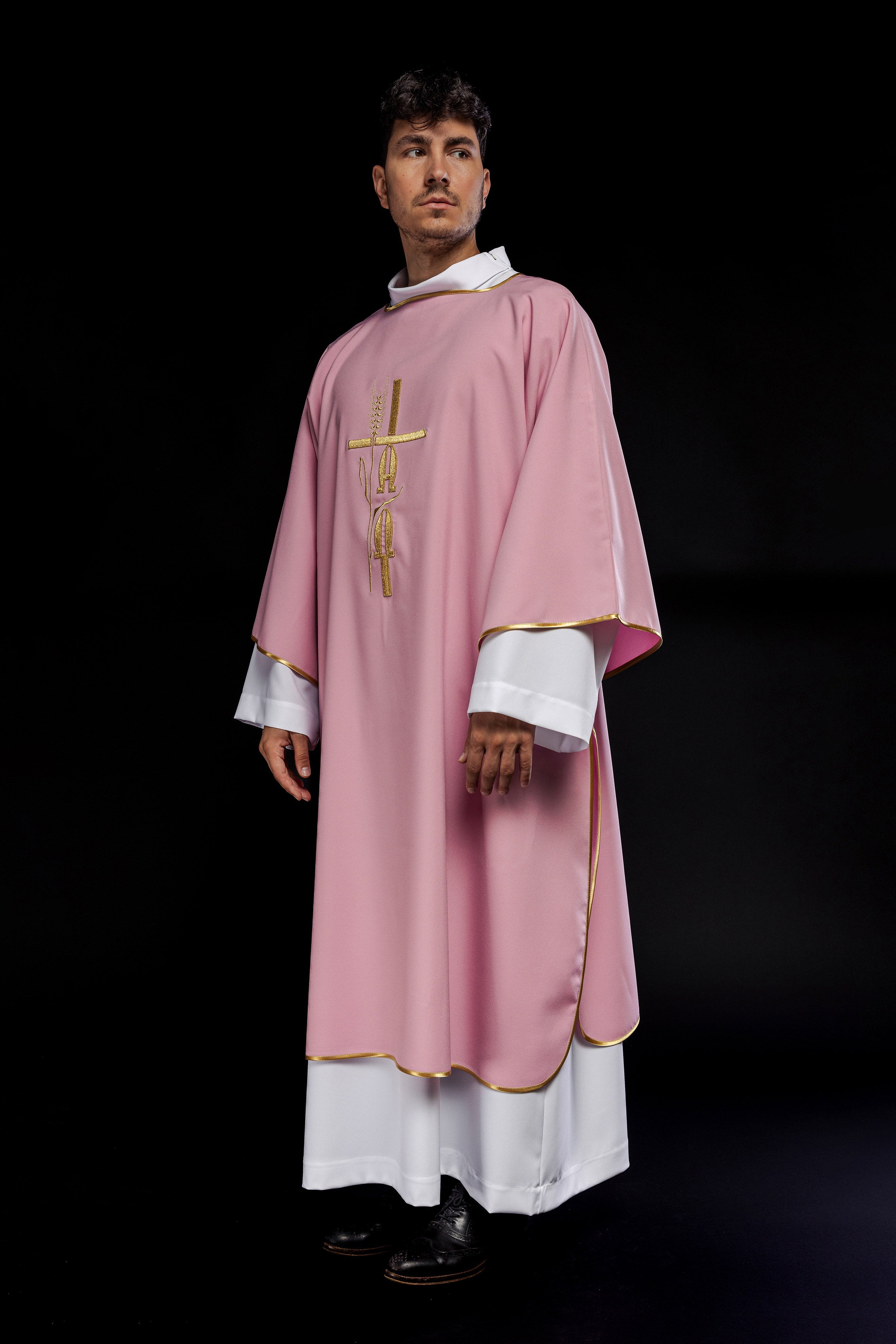 Pink deacon dalmatic with Alpha Omega embroidery