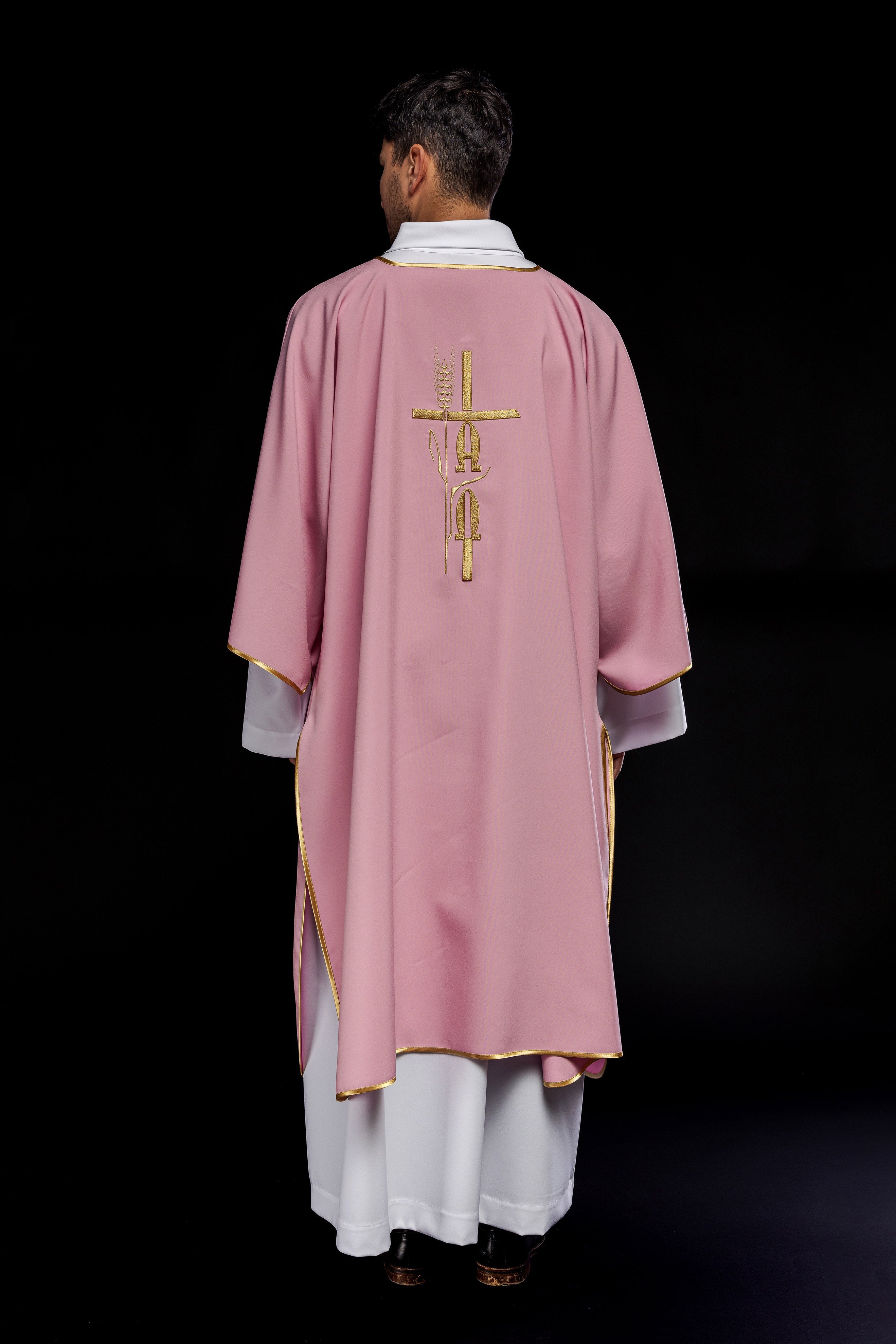 Pink deacon dalmatic with Alpha Omega embroidery