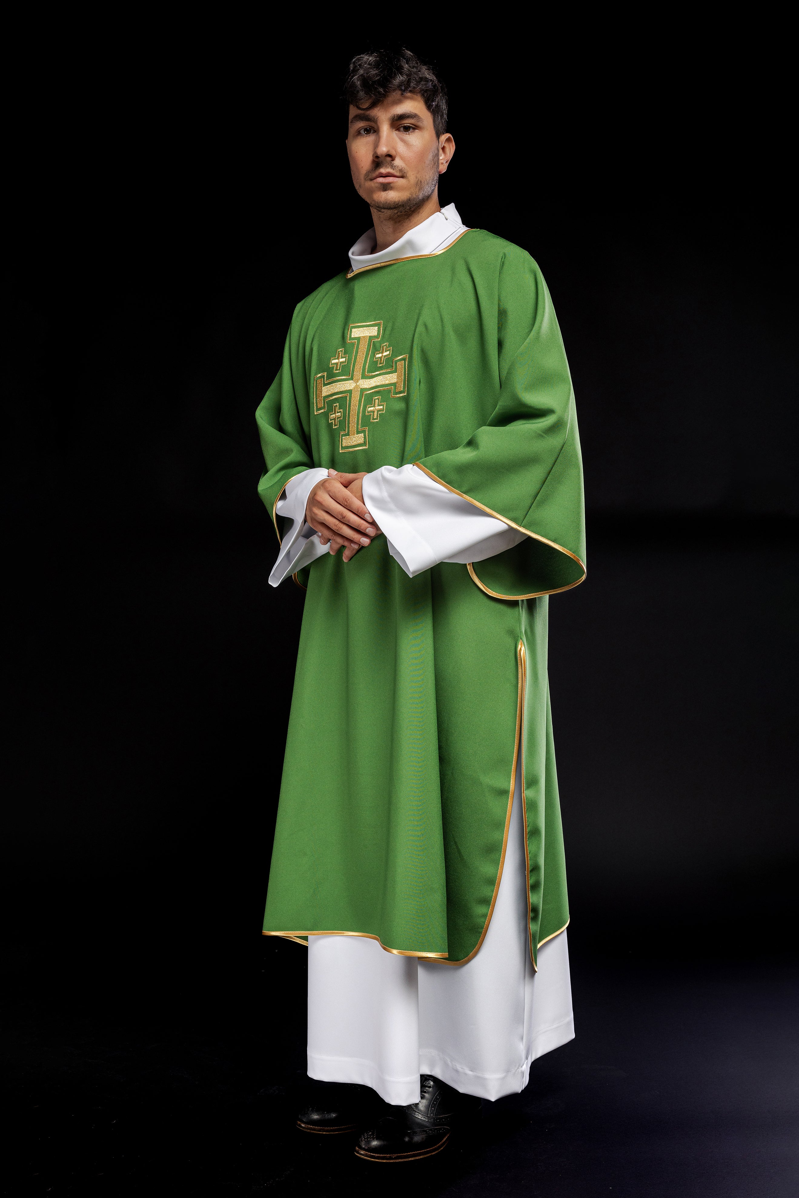 Deacon dalmatic in green with gold crosses