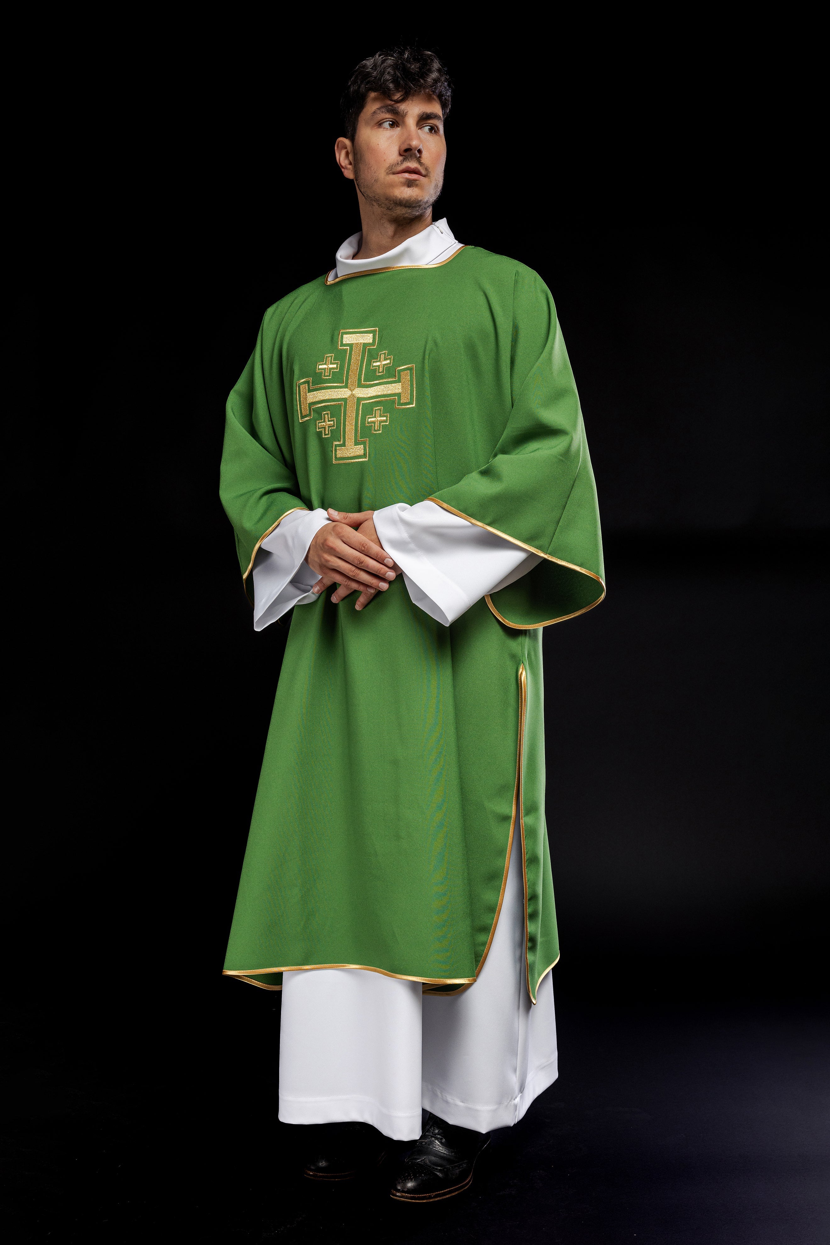 Deacon dalmatic in green with gold crosses