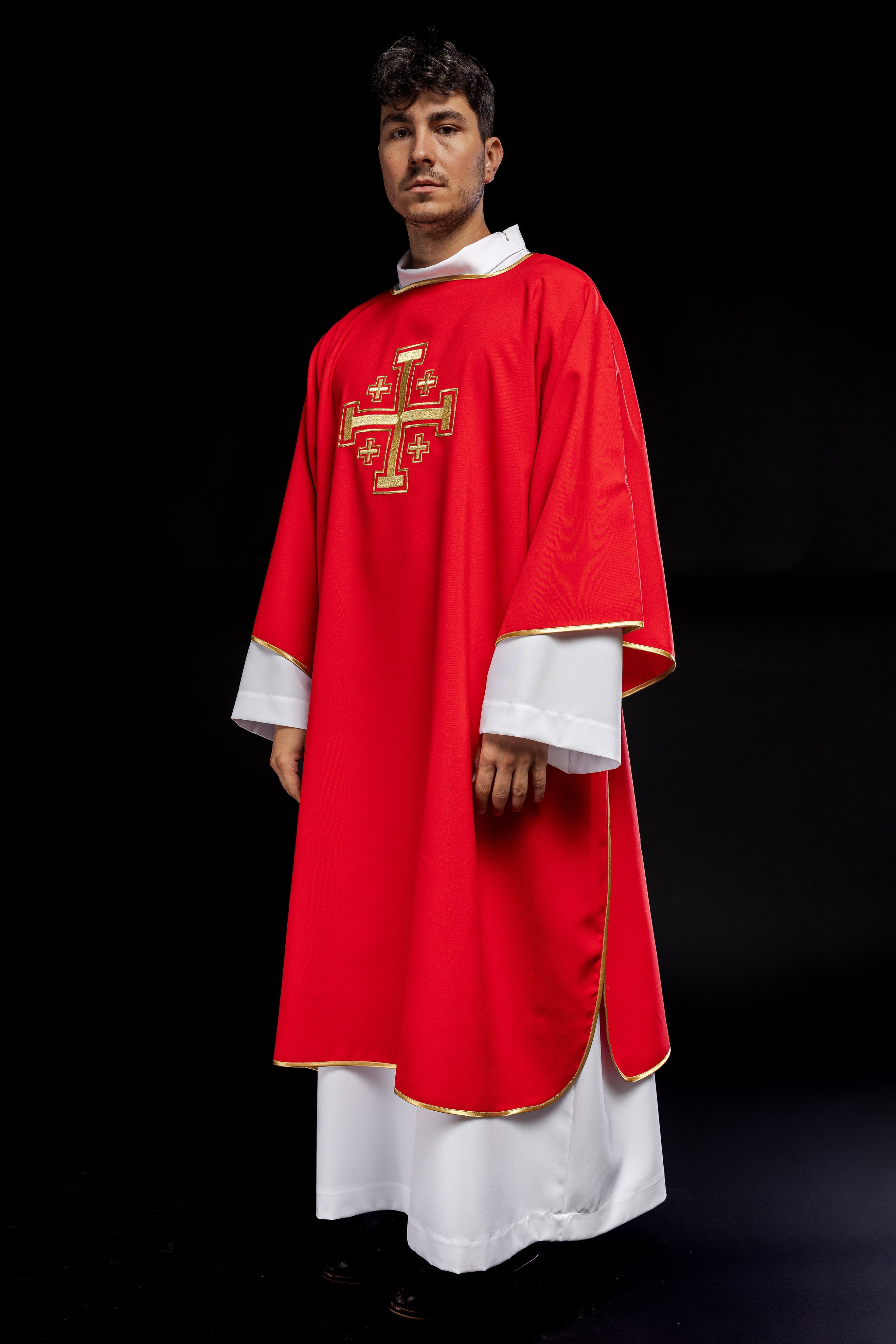 Red dalmatic priest with embroidered gold crosses