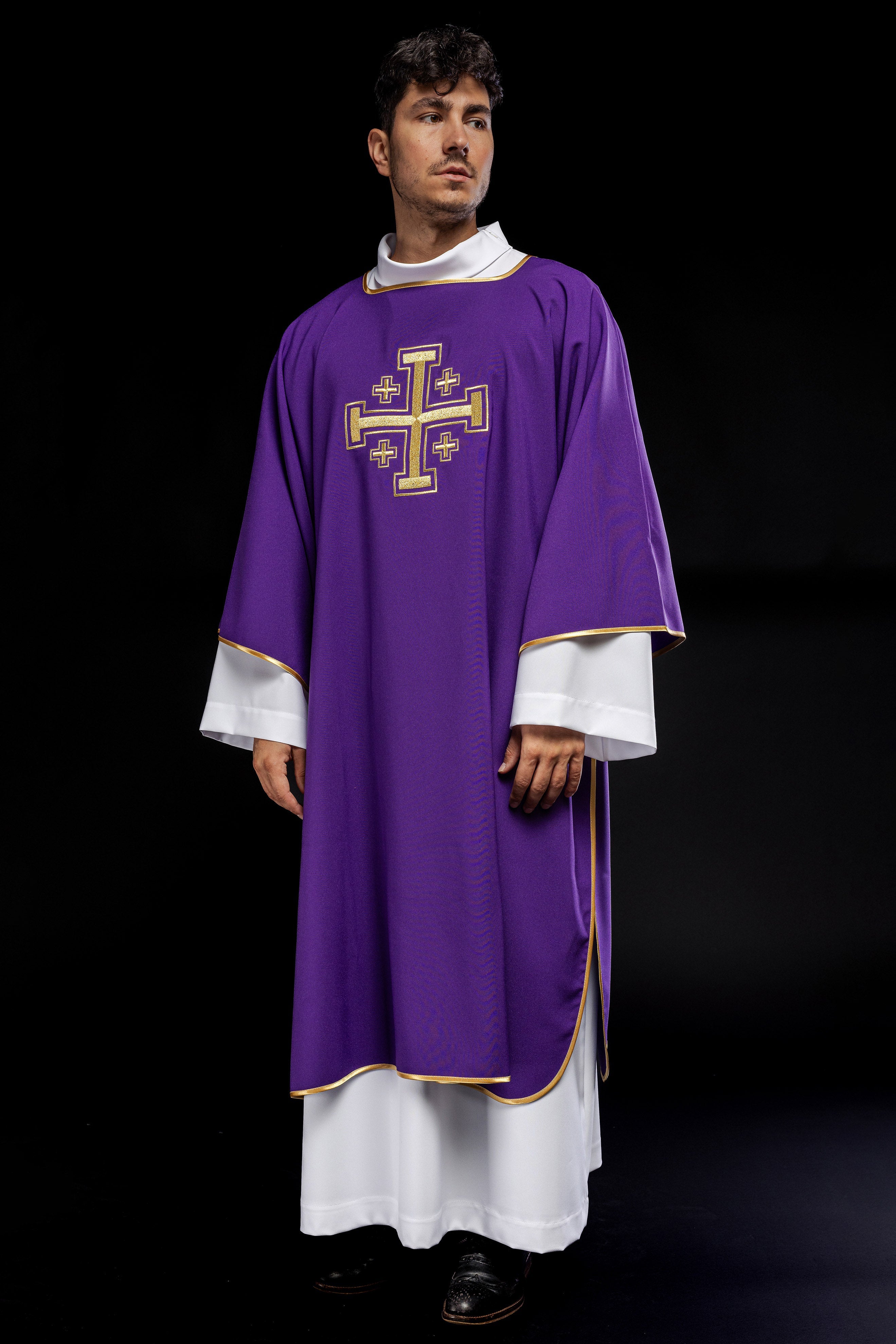 Purple dalmatic with embroidered gold crosses