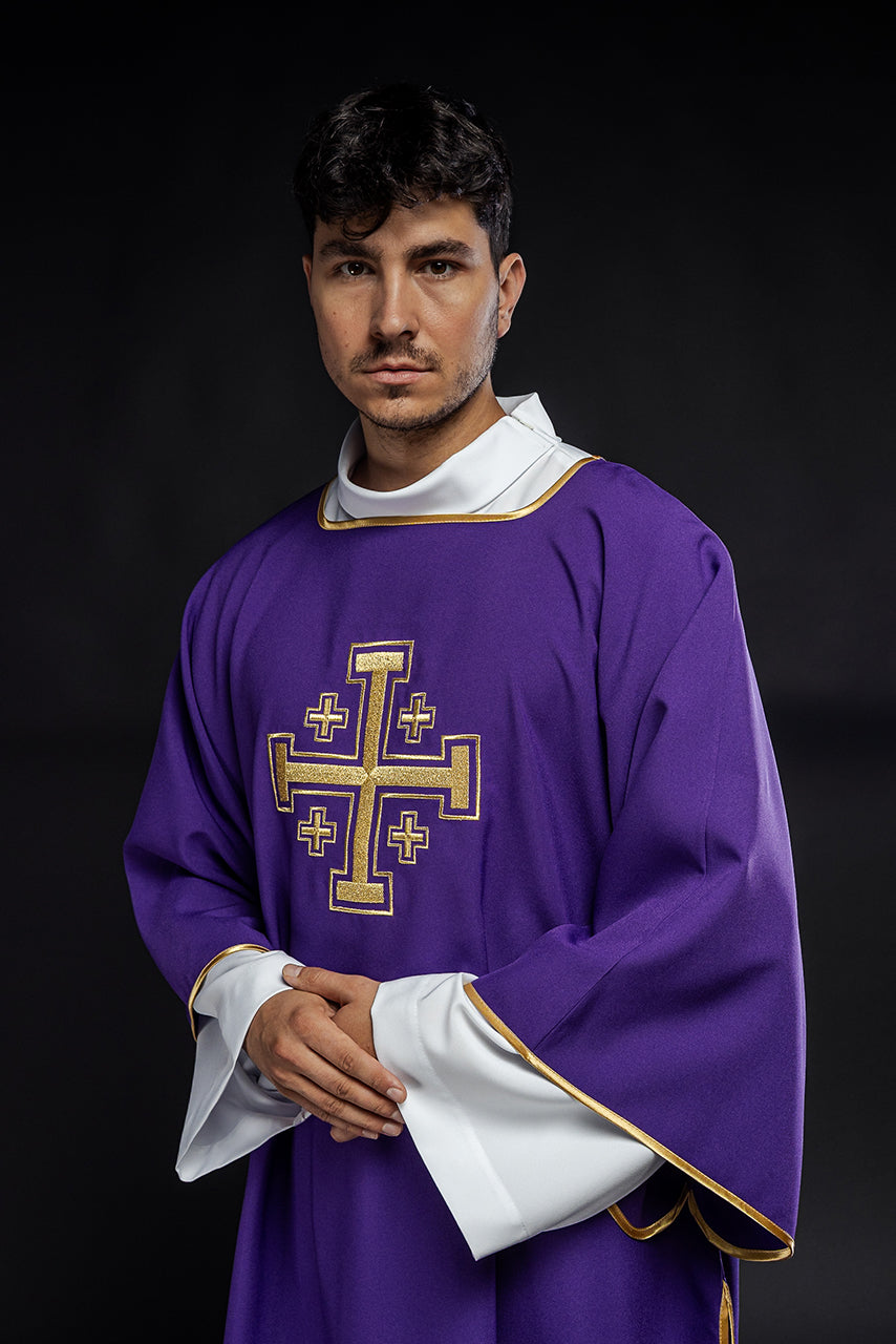 Purple dalmatic with embroidered gold crosses