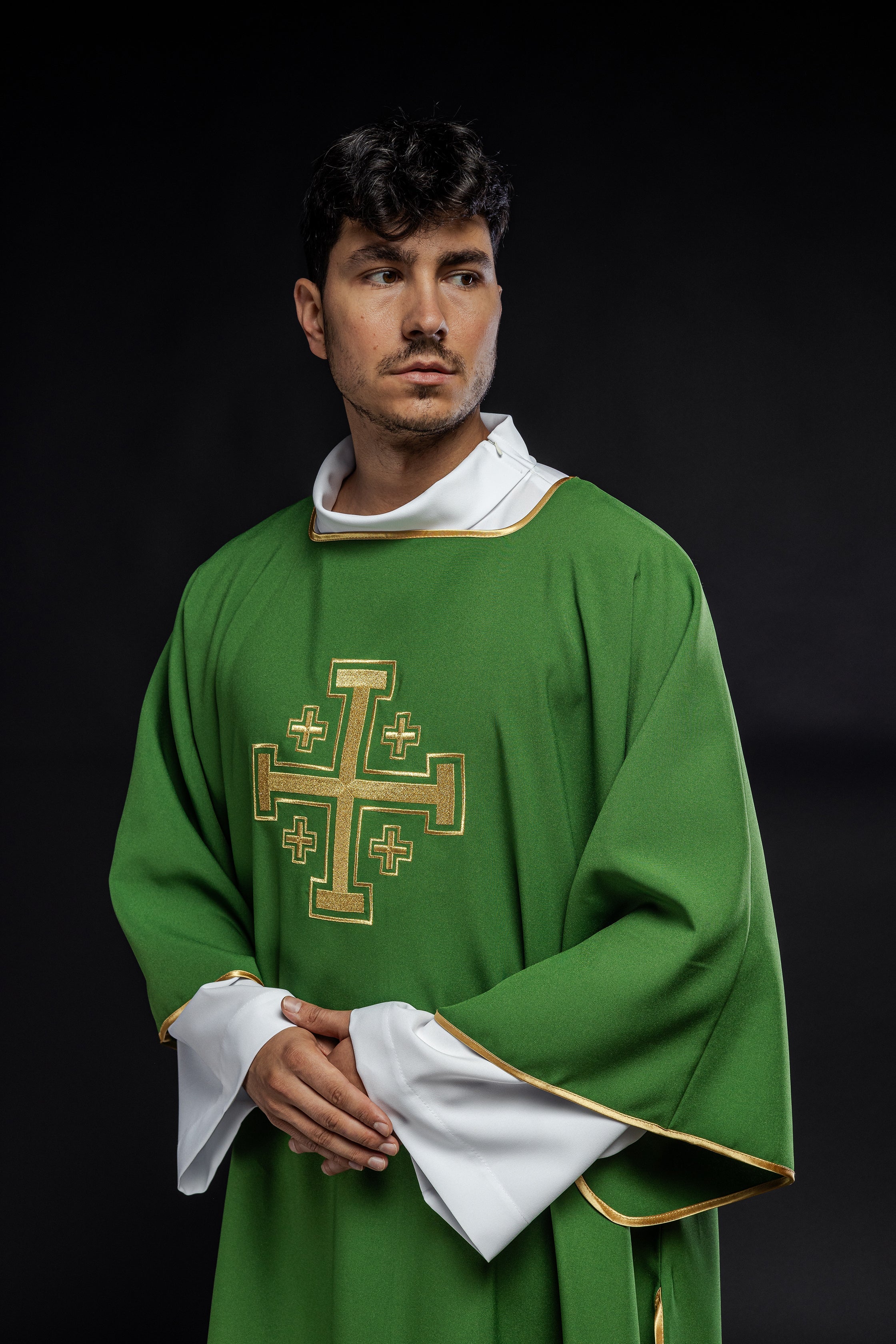 Deacon dalmatic in green with gold crosses