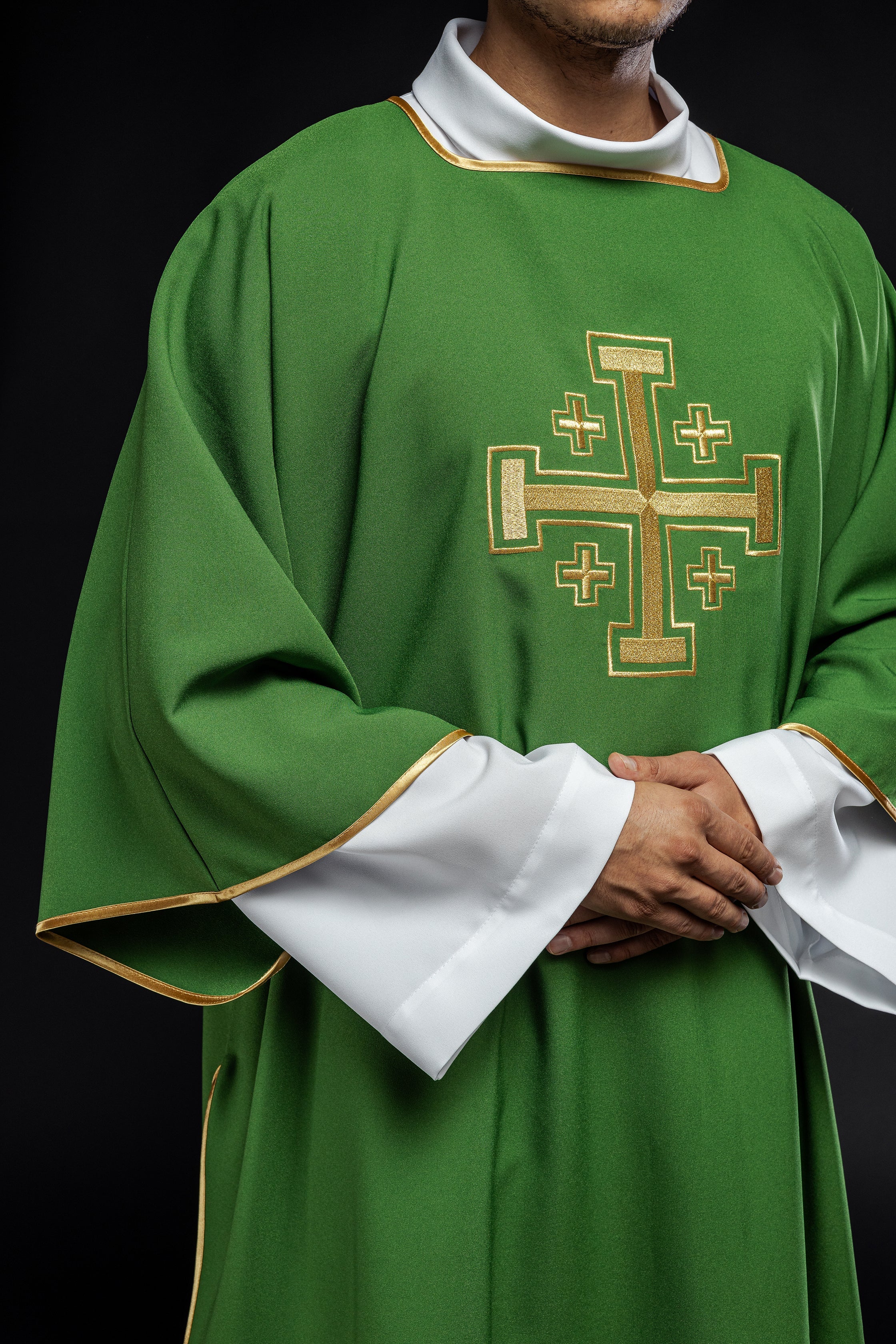 Deacon dalmatic in green with gold crosses