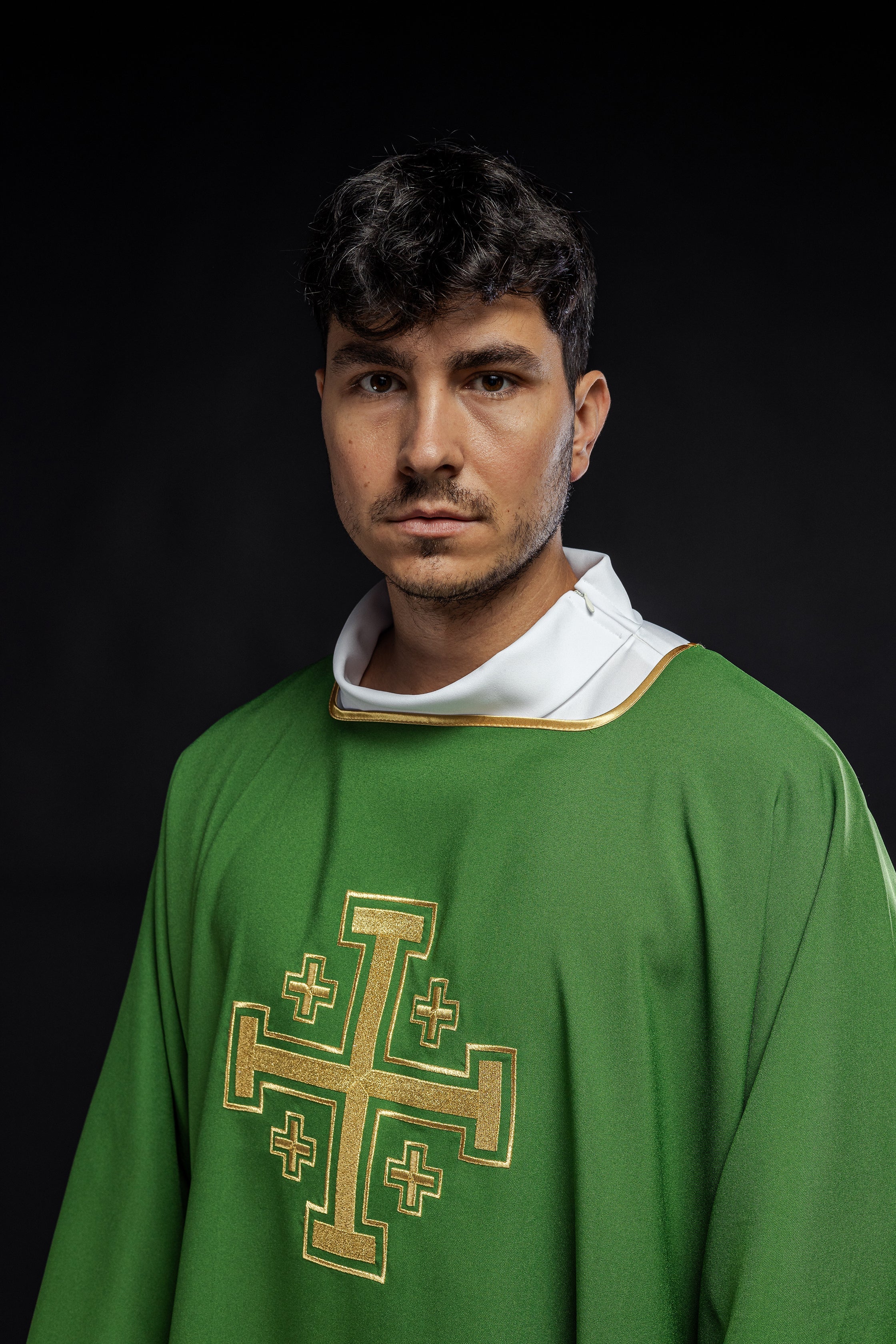 Deacon dalmatic in green with gold crosses