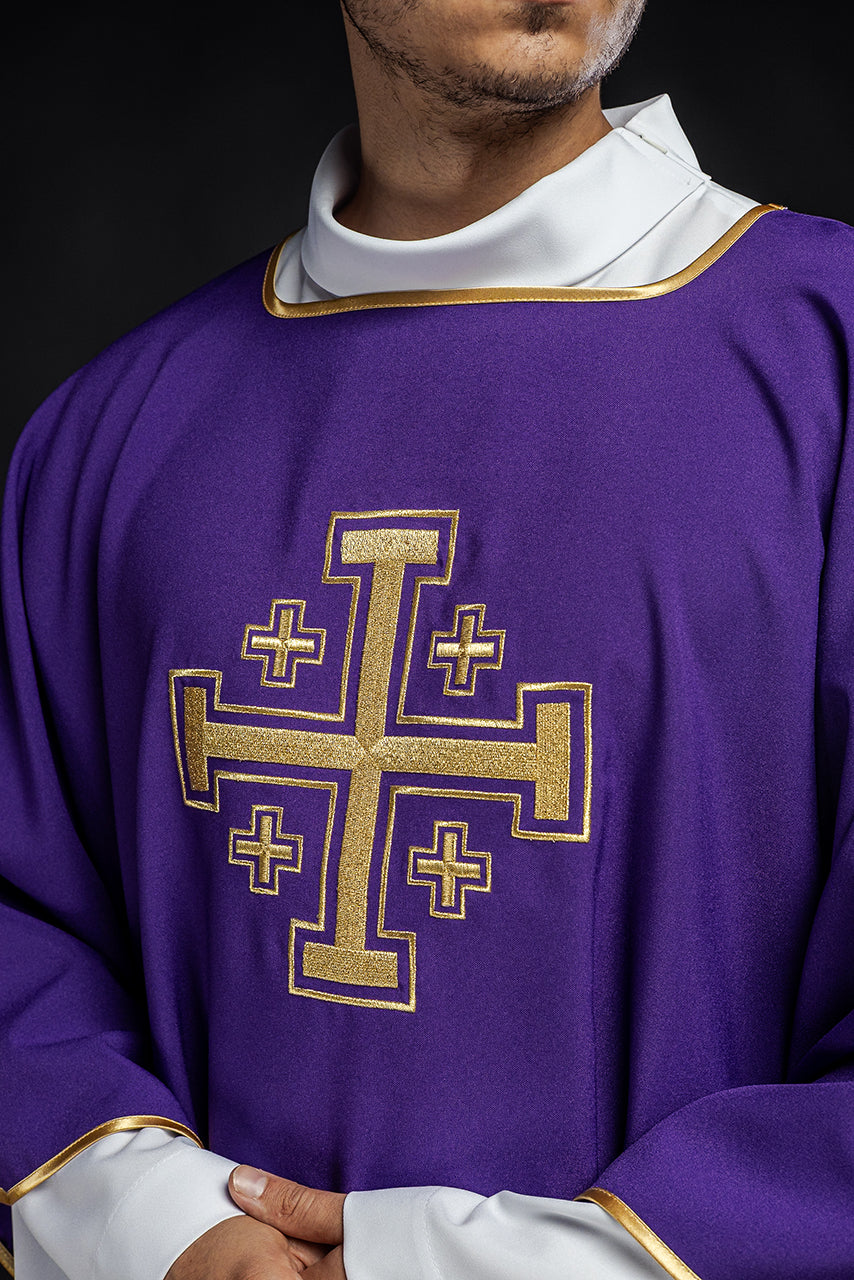 Purple dalmatic with embroidered gold crosses