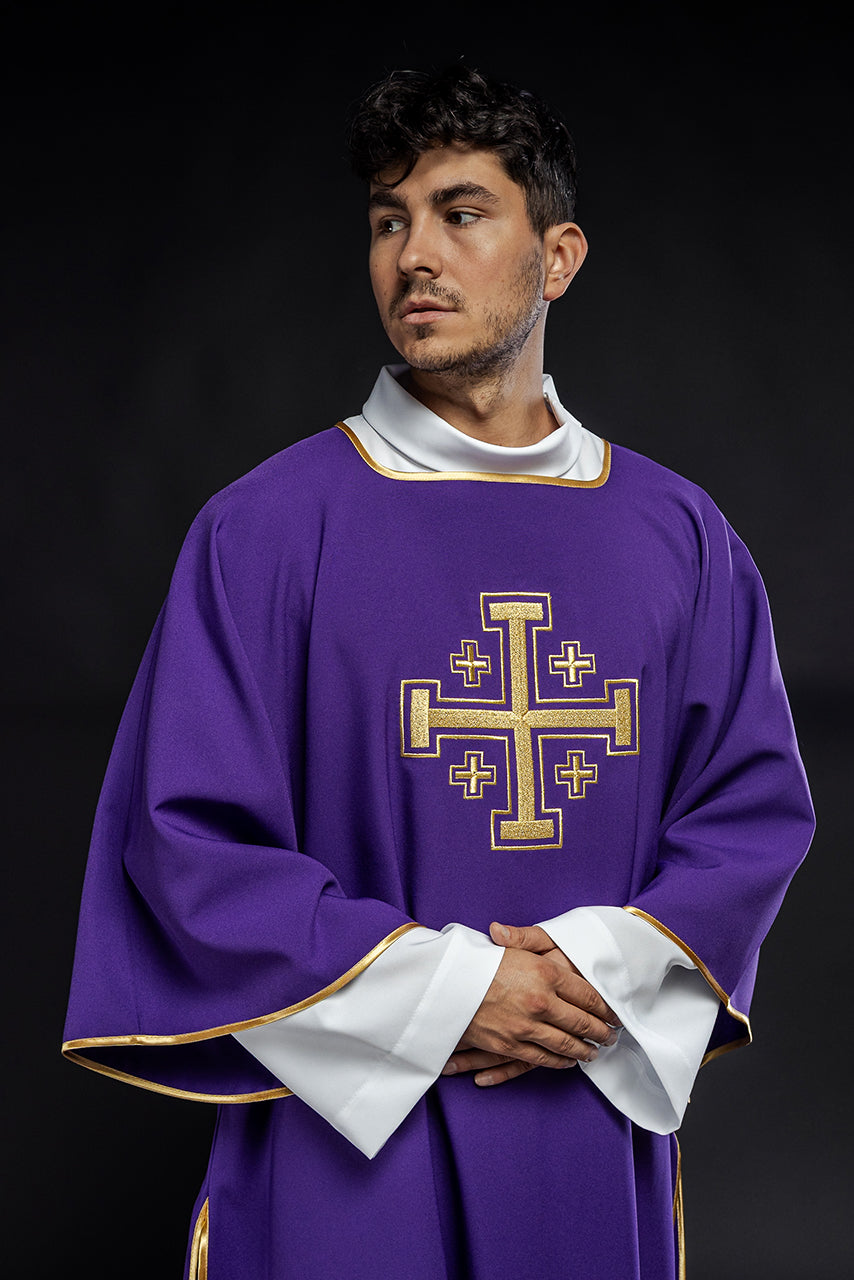 Purple dalmatic with embroidered gold crosses