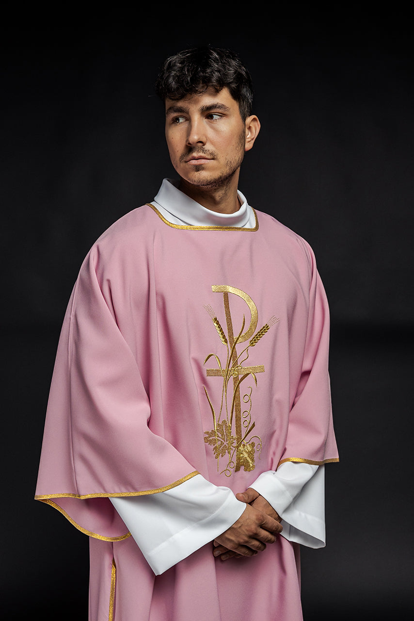 Pink dalmatic with gold Pax cross embroidery - HAFTINAUSA.COM