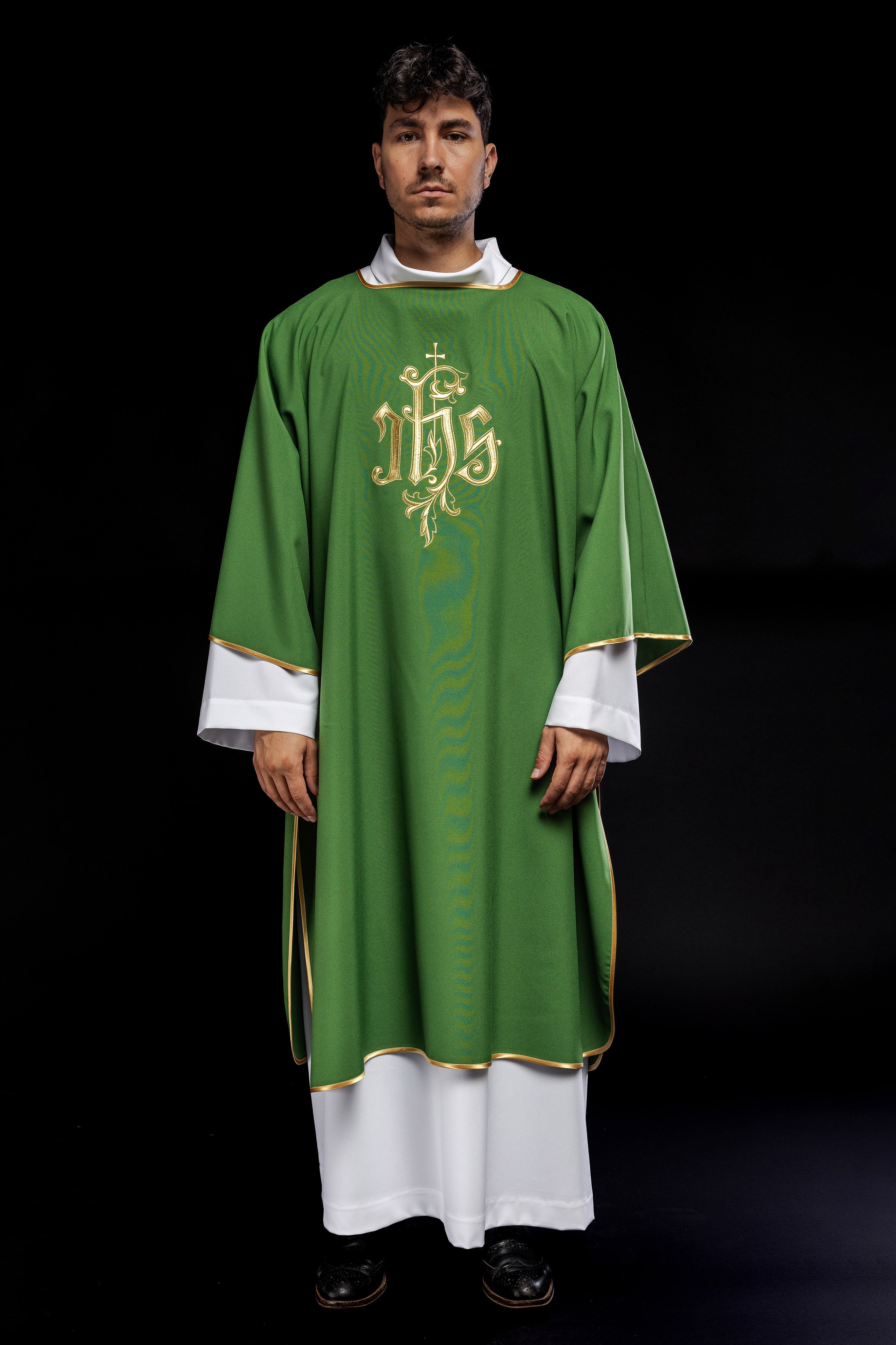 Green dalmatic chasuble with gold IHS