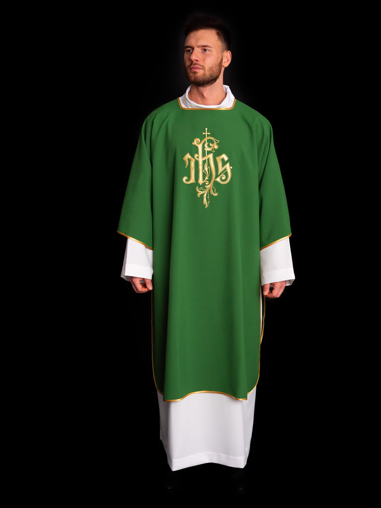 Green dalmatic chasuble with gold IHS