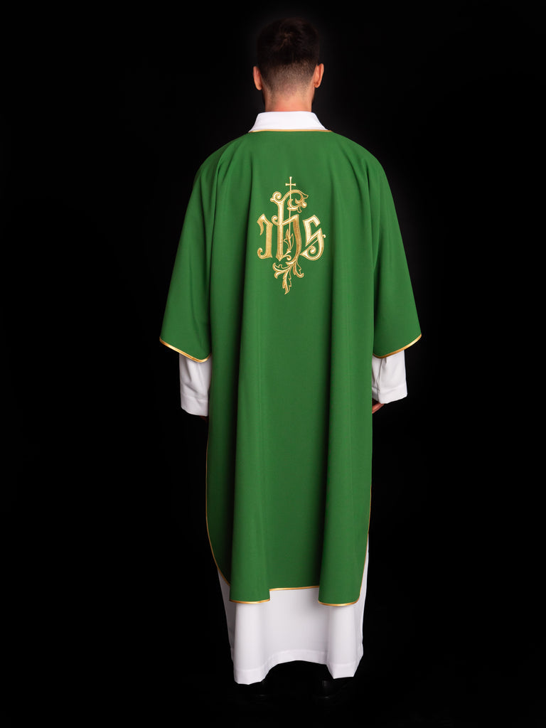 Green dalmatic chasuble with gold IHS