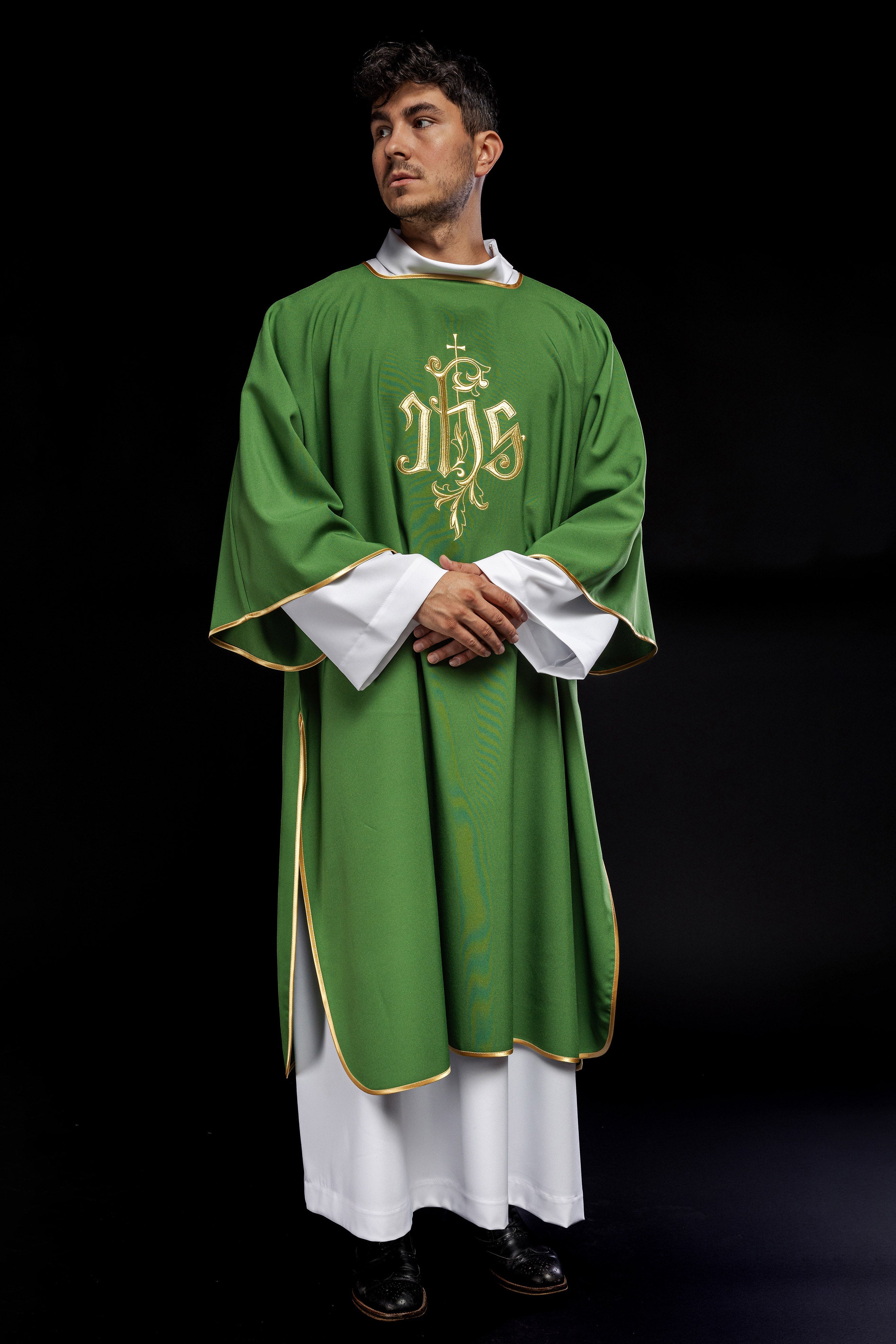 Green dalmatic chasuble with gold IHS