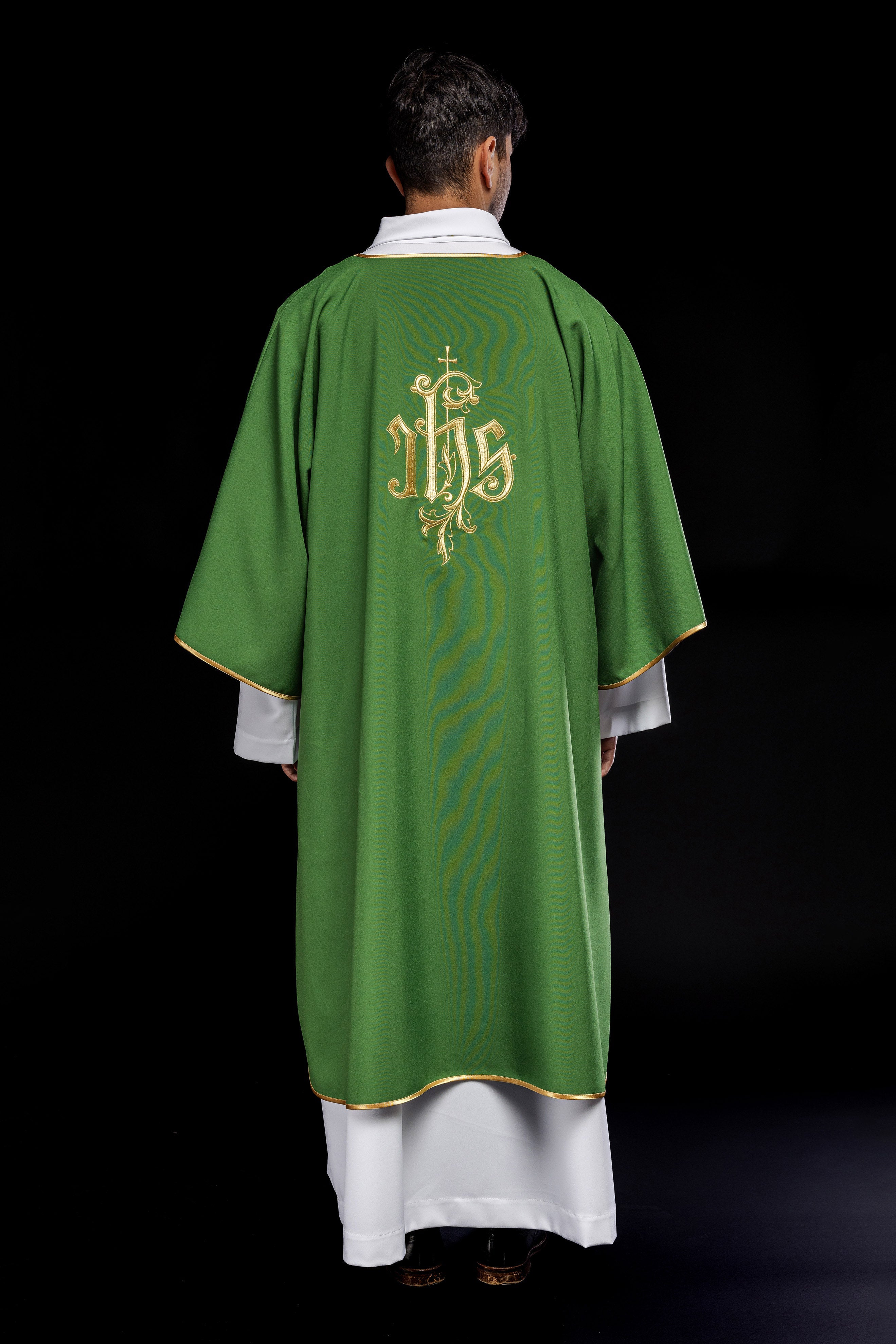 Green dalmatic chasuble with gold IHS