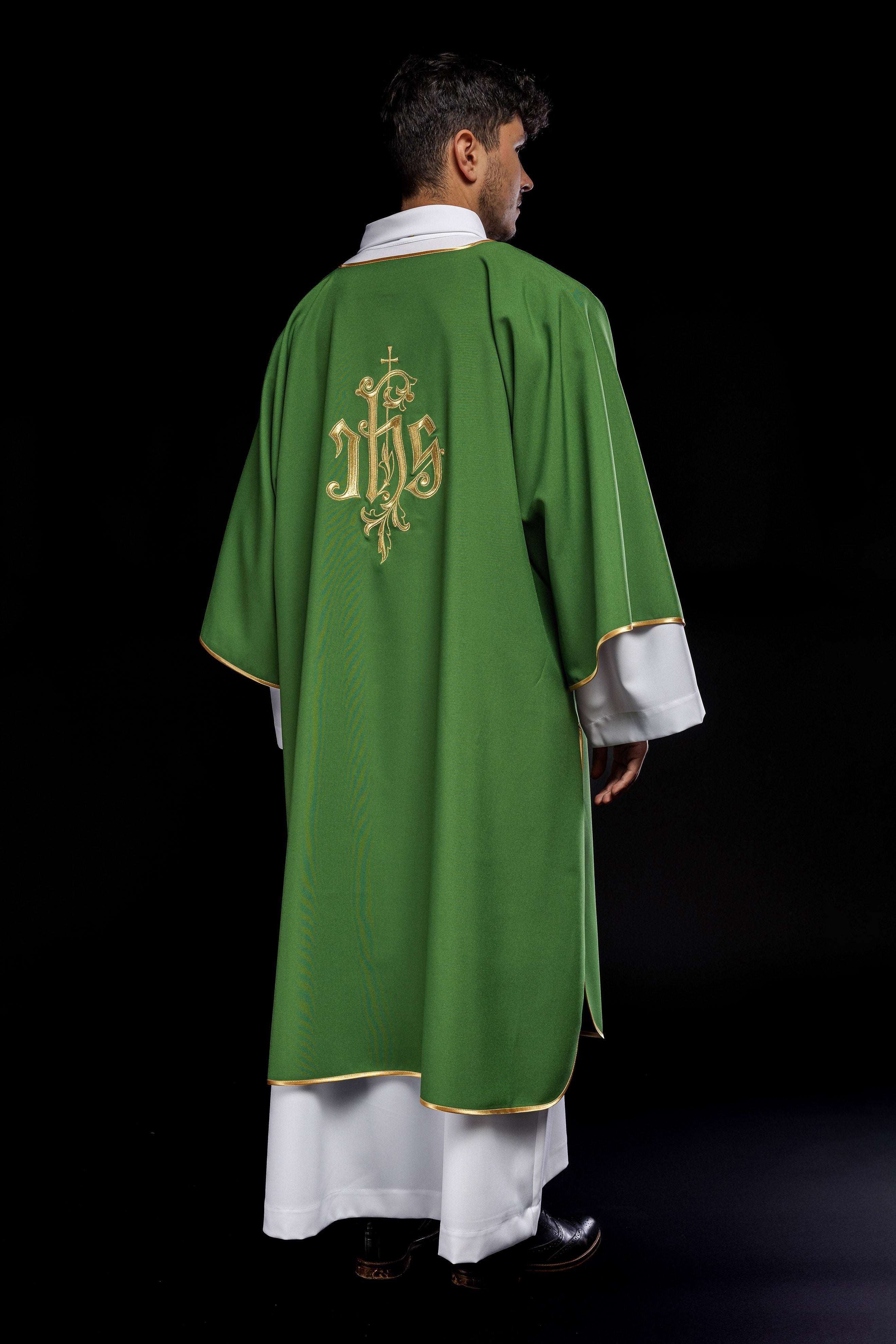 Green dalmatic chasuble with gold IHS