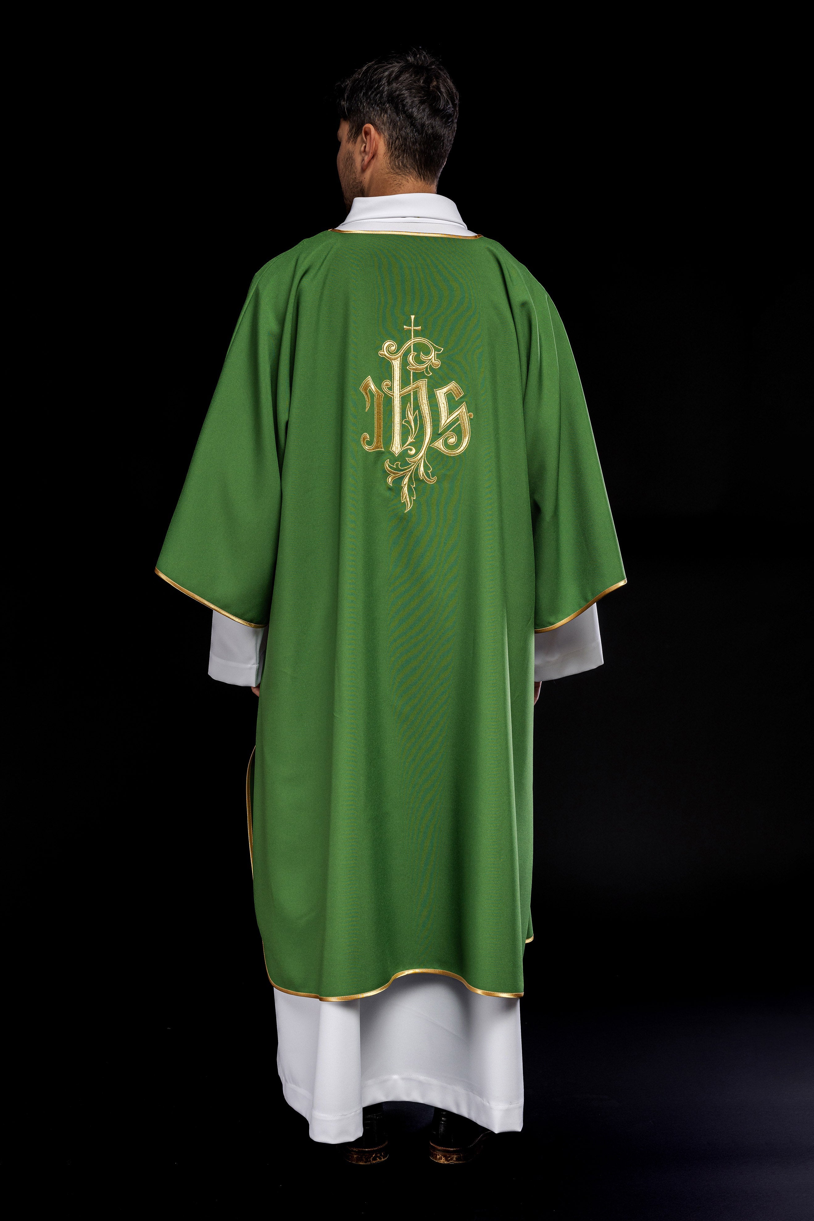 Green dalmatic chasuble with gold IHS - HAFTINAUSA.COM