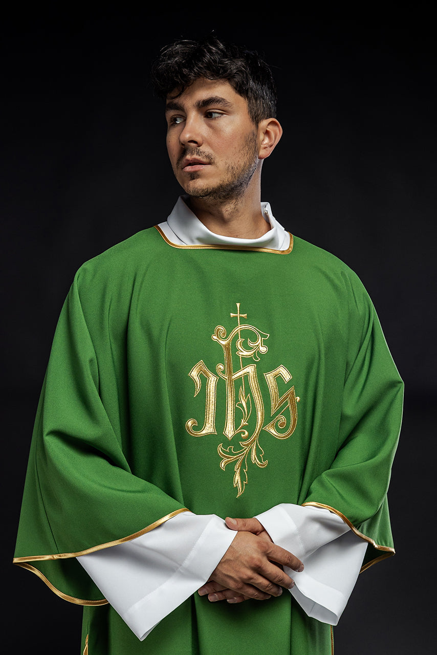 Green dalmatic chasuble with gold IHS