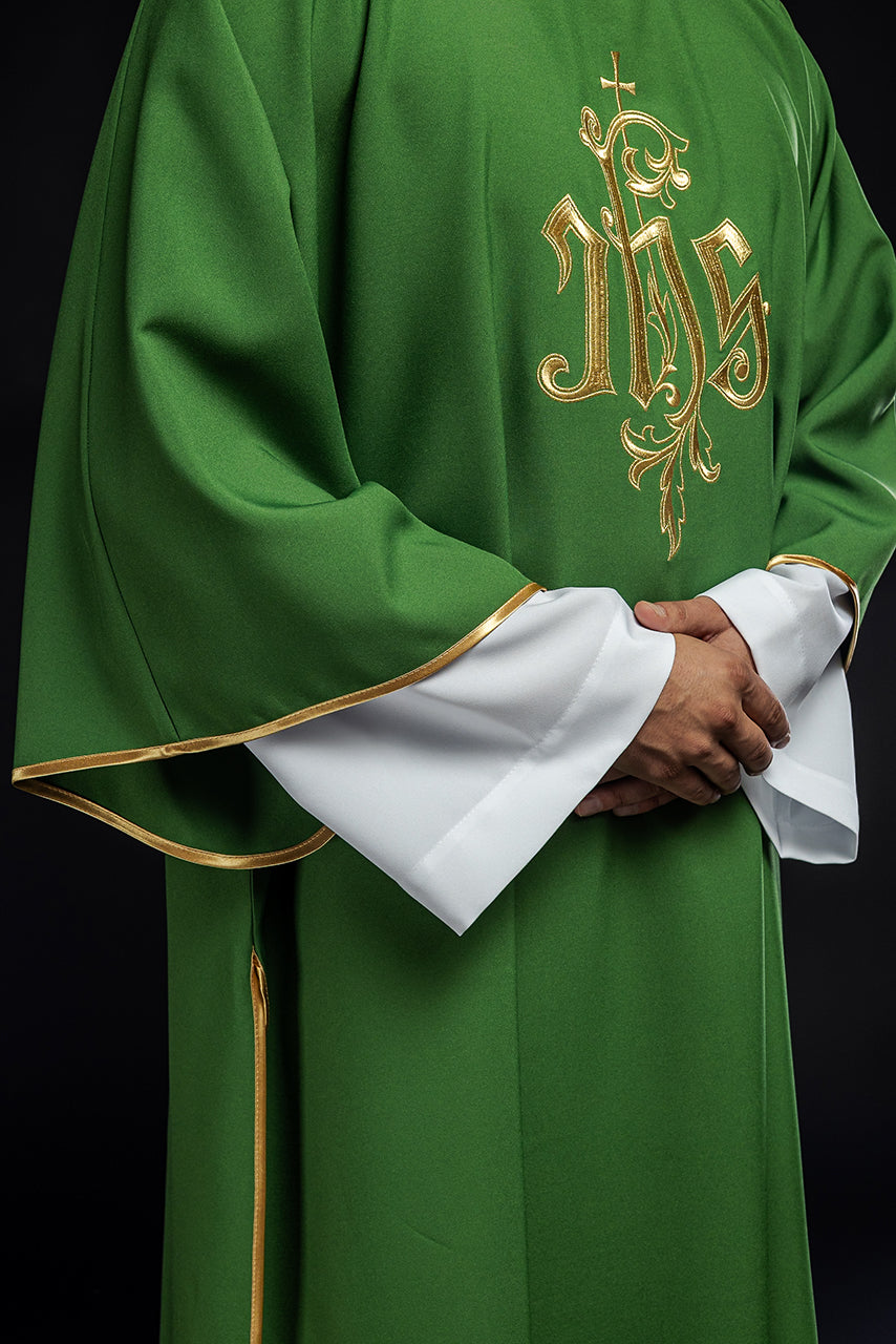 Green dalmatic chasuble with gold IHS