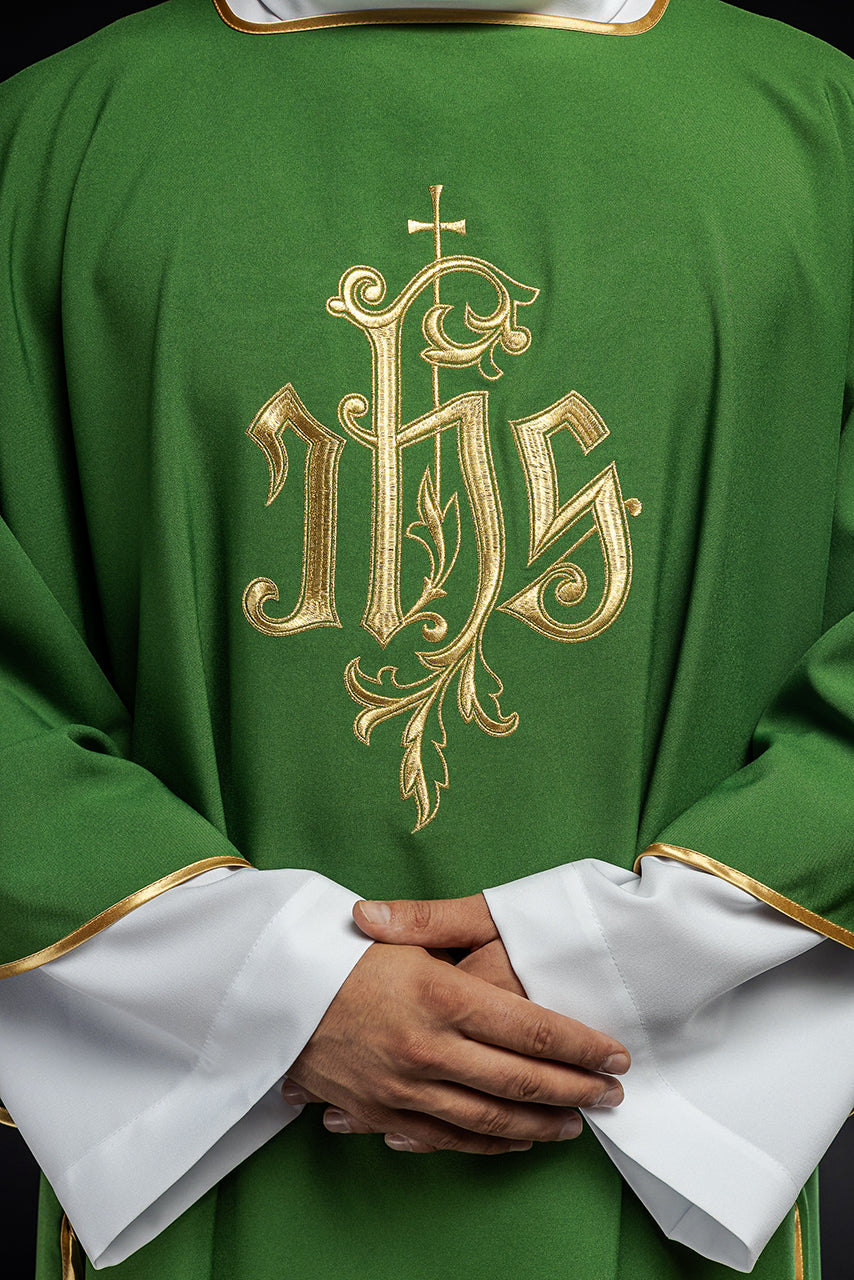 Green dalmatic chasuble with gold IHS