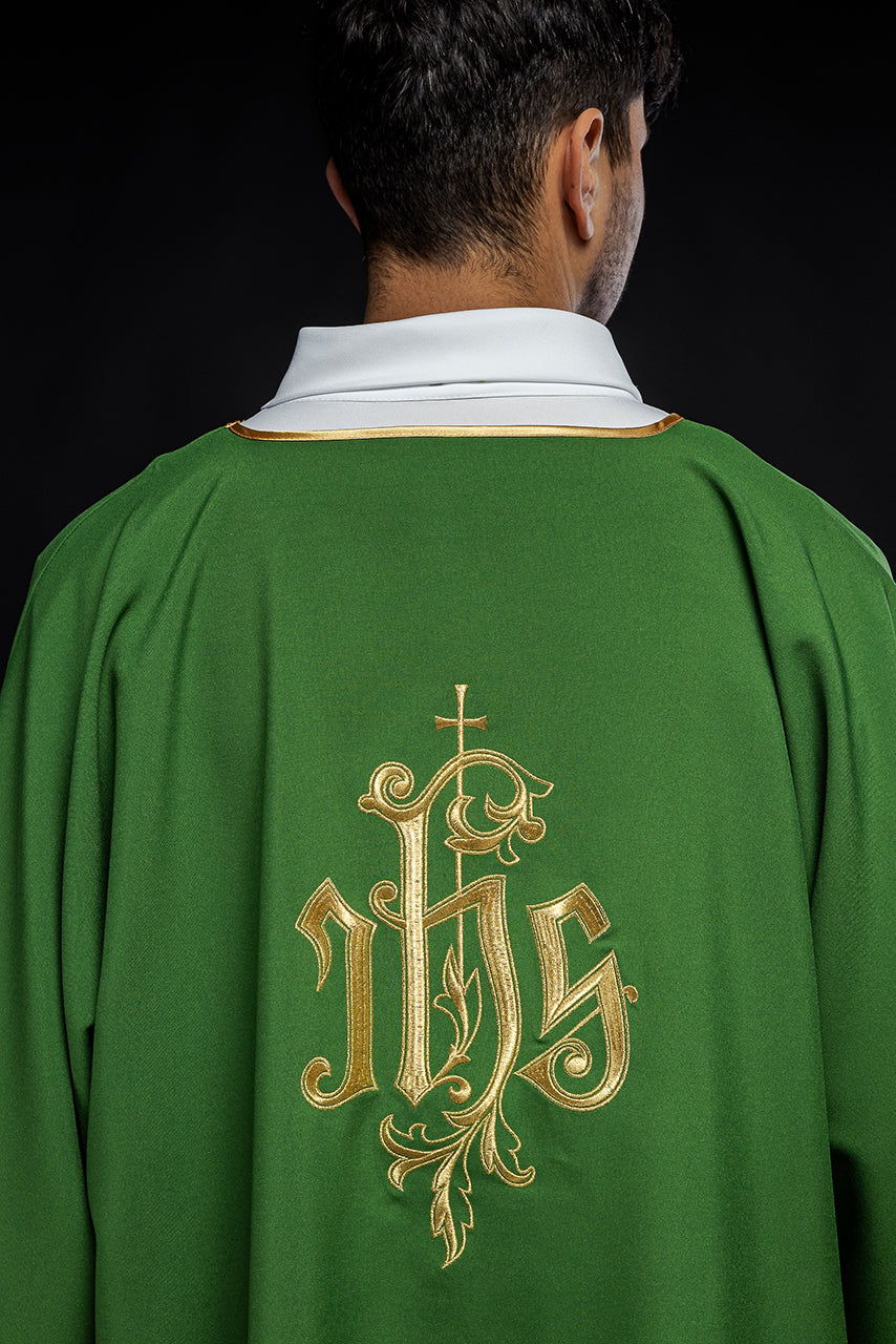 Green dalmatic chasuble with gold IHS