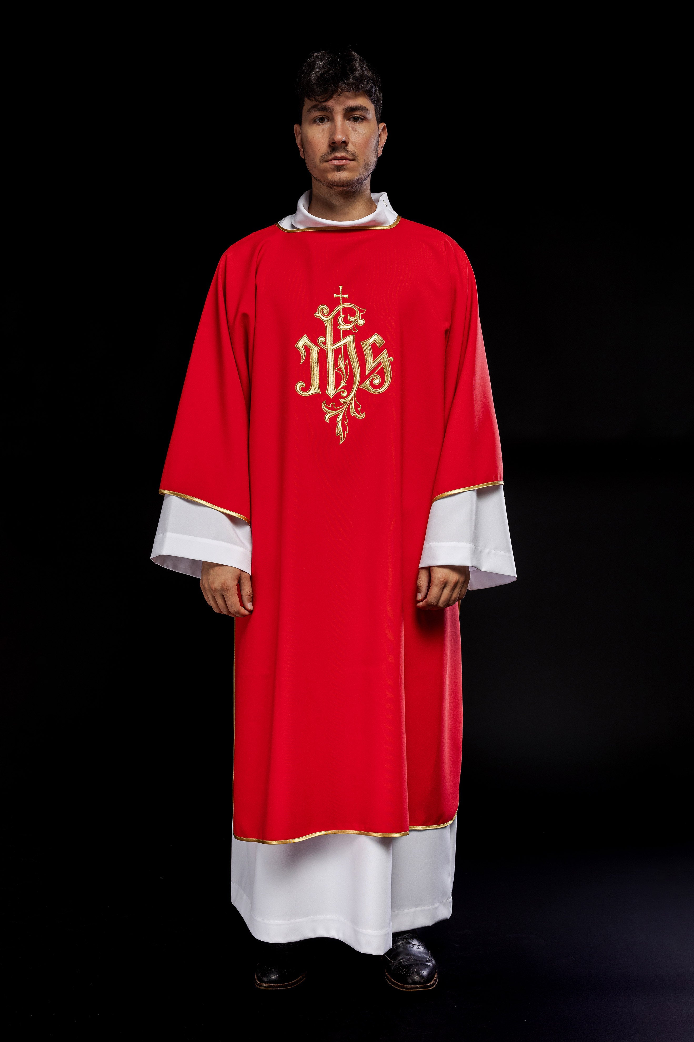 Red dalmatic chasuble with gold IHS