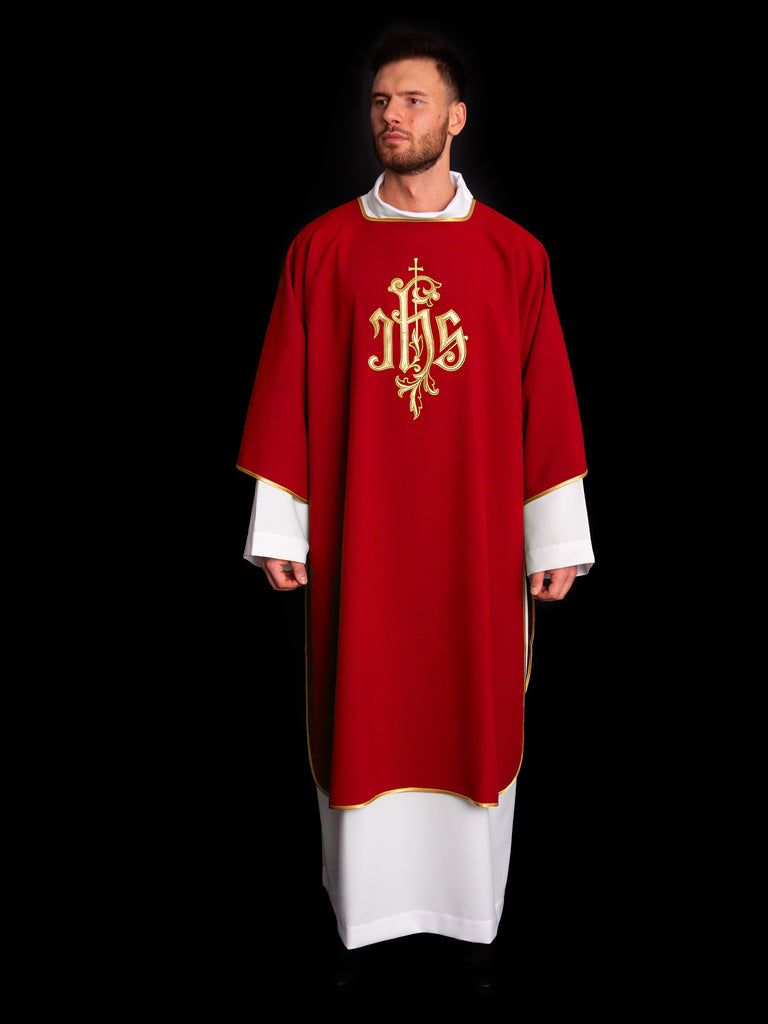 Red dalmatic chasuble with gold IHS