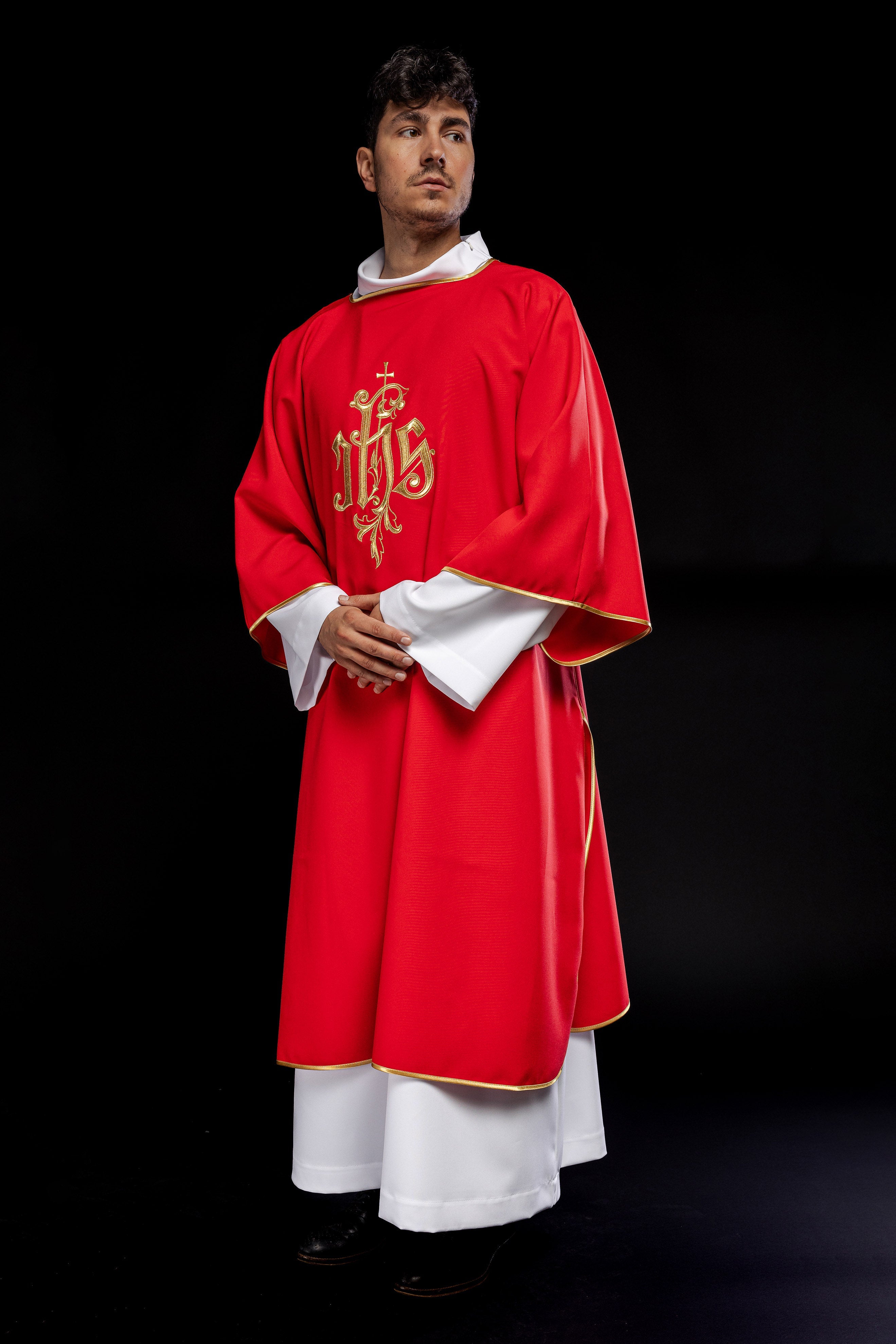 Red dalmatic chasuble with gold IHS