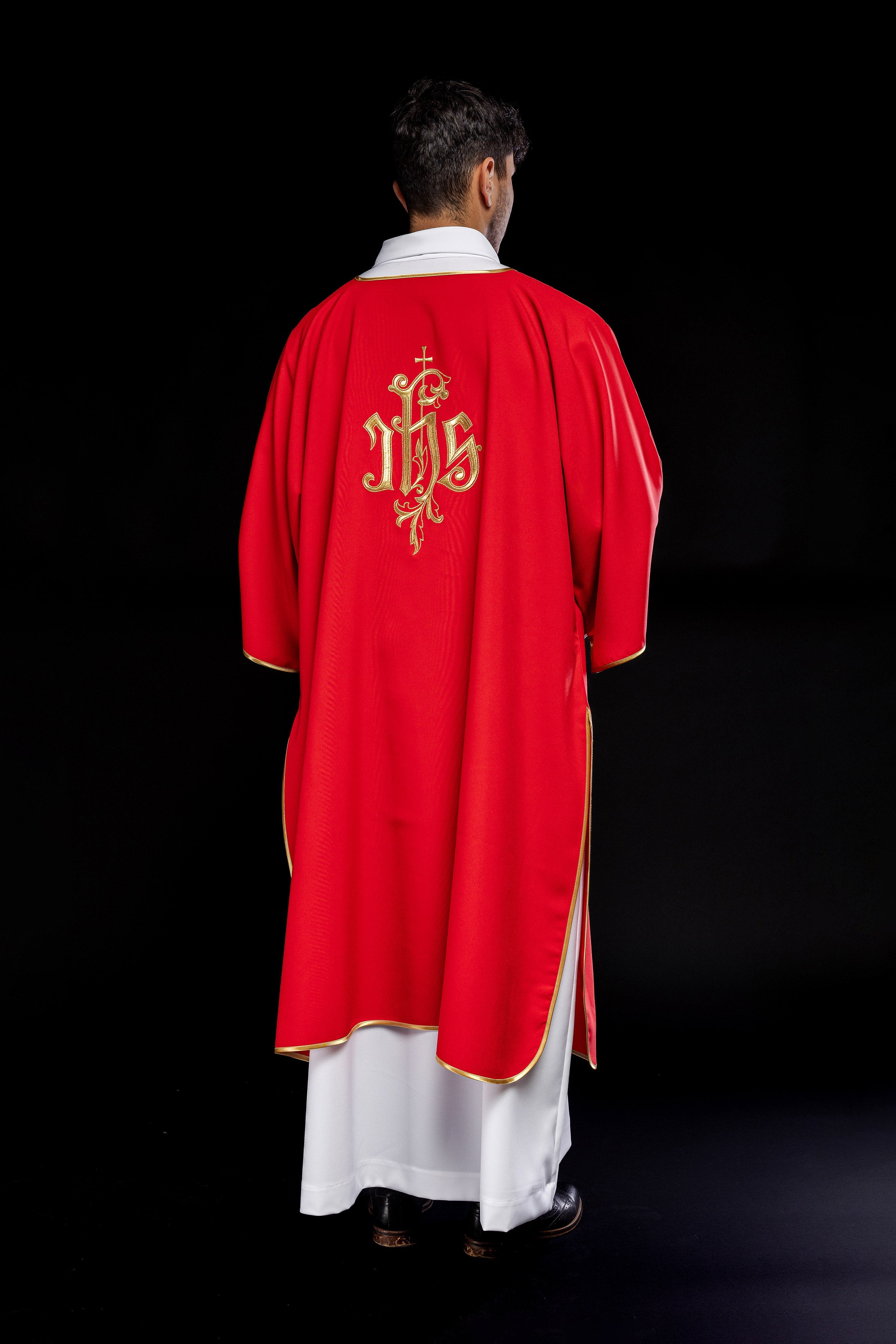 Red dalmatic chasuble with gold IHS