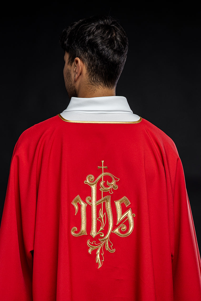 Red dalmatic chasuble with gold IHS